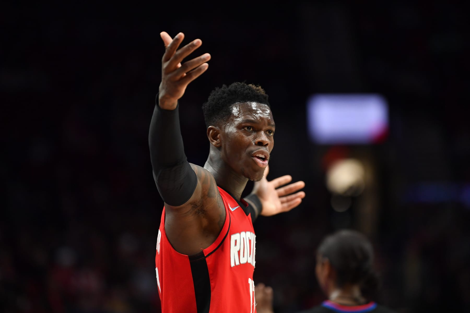 PORTLAND, OREGON - MARCH 26: Dennis Schroder #17 of the Houston Rockets gestures during the fourth quarter against the Portland Trail Blazers at the Moda Center on March 26, 2022 in Portland, Oregon. The Houston Rockets won 115-98. NOTE TO USER: User expressly acknowledges and agrees that, by downloading and or using this photograph, User is consenting to the terms and conditions of the Getty Images License Agreement. (Photo by Alika Jenner/Getty Images)