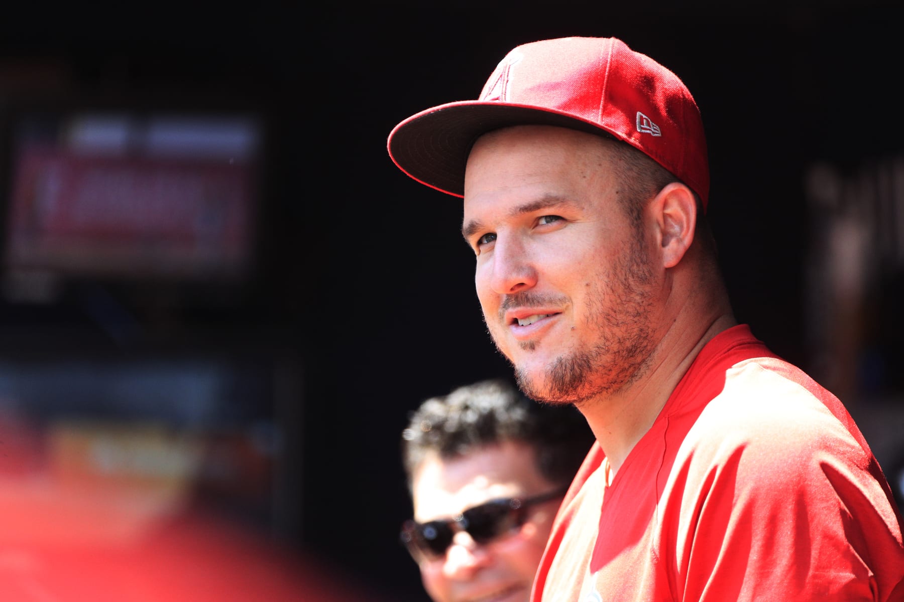 ATLANTA, GA - JULY 24: Los Angeles Angels outfielder Mike Trout (27)  looks at the on field action during the MLB game between the Los Angeles Angels and the Atlanta Braves on July 24, 2022 at Truist Park in Atlanta, GA. (Photo by Jeff Robinson/Icon Sportswire via Getty Images)