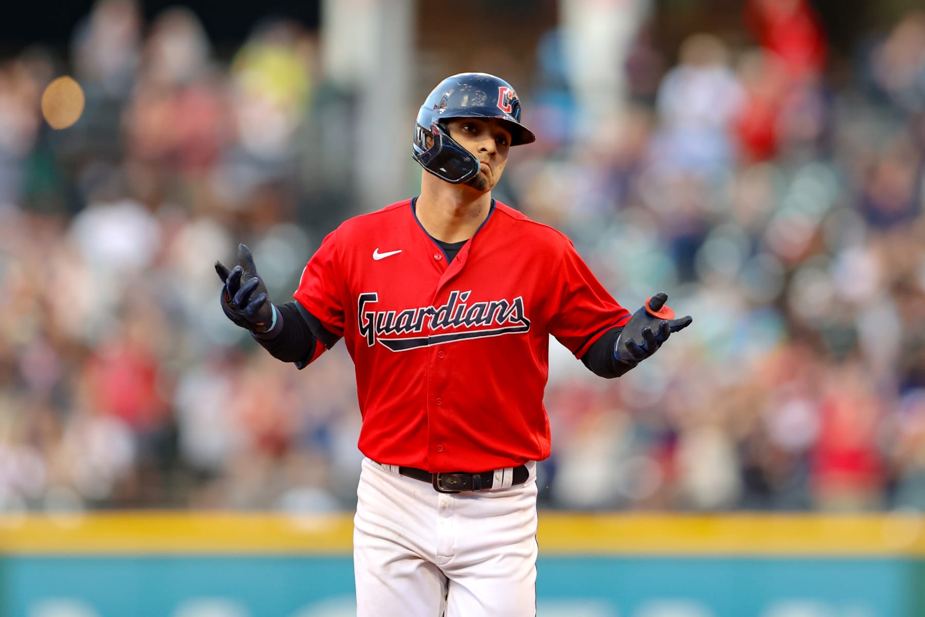 CLEVELAND, OH - AUGUST 15: Cleveland Guardians second baseman Andres Gimenez (0) motions to the Guardians dugout as he rounds the bases after hitting a 2-run home run during the fourth inning of game 2 of the Major League Baseball doubleheader between the Detroit Tigers and Cleveland Guardians on August 15, 2022, at Progressive Field in Cleveland, OH. (Photo by Frank Jansky/Icon Sportswire via Getty Images)