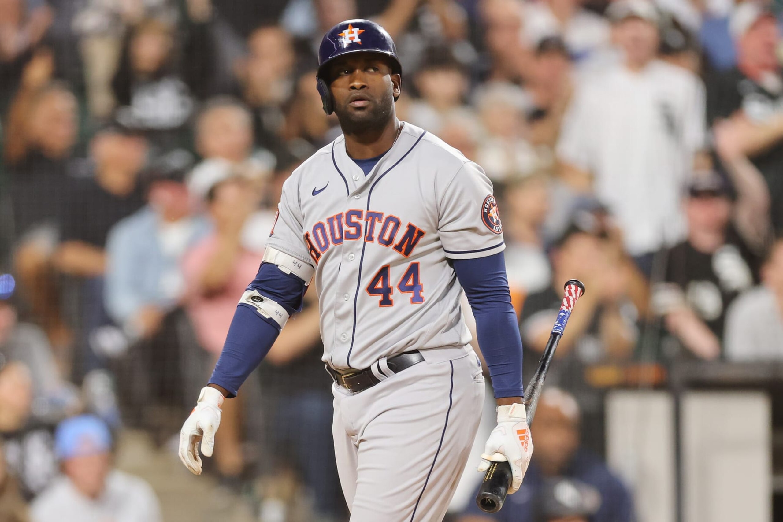 CHICAGO, ILLINOIS - AUGUST 16: Yordan Alvarez #44 of the Houston Astros reacts after striking out during the fifth inning against the Chicago White Sox at Guaranteed Rate Field on August 16, 2022 in Chicago, Illinois. (Photo by Michael Reaves/Getty Images)