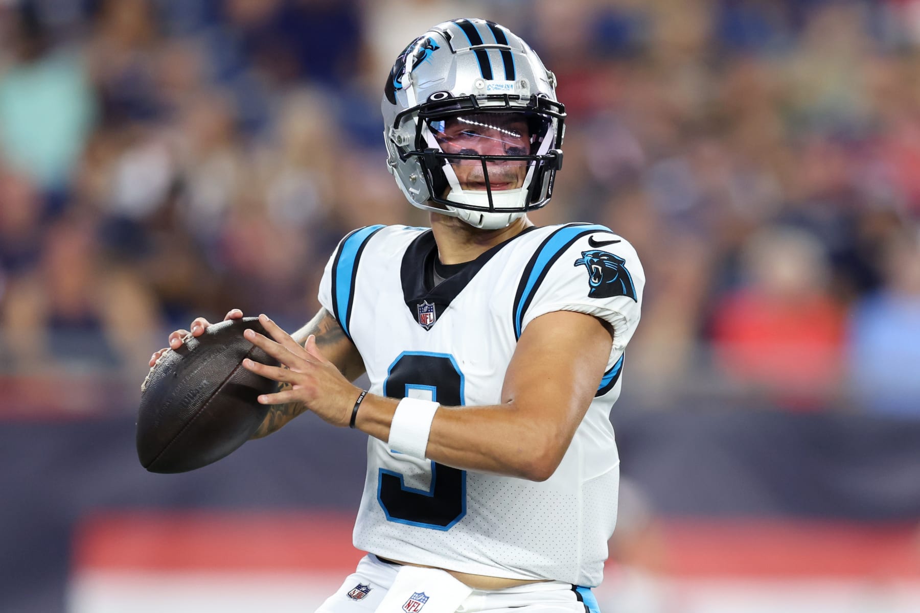 FOXBOROUGH, MASSACHUSETTS - AUGUST 19: Matt Corral #9 of the Carolina Panthers throws during the preseason game between the New England Patriots and the Carolina Panthers at Gillette Stadium on August 19, 2022 in Foxborough, Massachusetts. (Photo by Maddie Meyer/Getty Images)