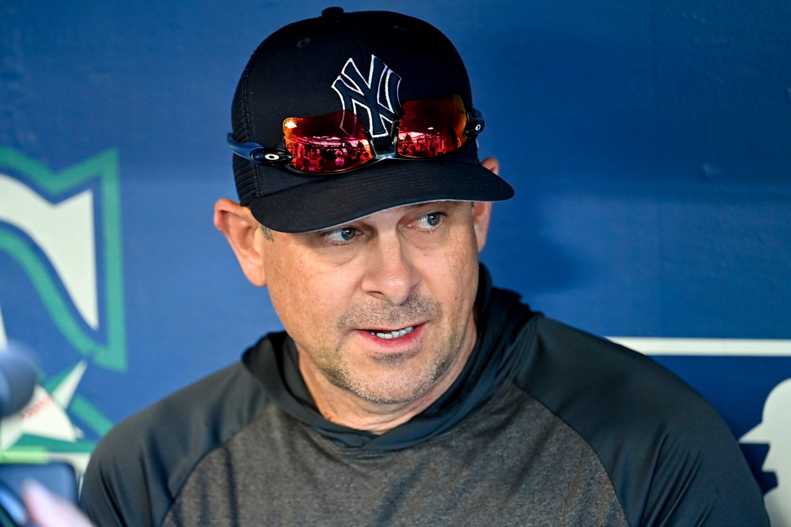 SEATTLE, WASHINGTON - AUGUST 09: Manager Aaron Boone #17 of the New York Yankees meets with the media before the game against the Seattle Mariners at T-Mobile Park on August 09, 2022 in Seattle, Washington. (Photo by Alika Jenner/Getty Images) SEATTLE, WASHINGTON - AUGUST 09: Manager Aaron Boone #17 of the New York Yankees meets with the media before the game against the Seattle Mariners at T-Mobile Park on August 09, 2022 in Seattle, Washington. (Photo by Alika Jenner/Getty Images)