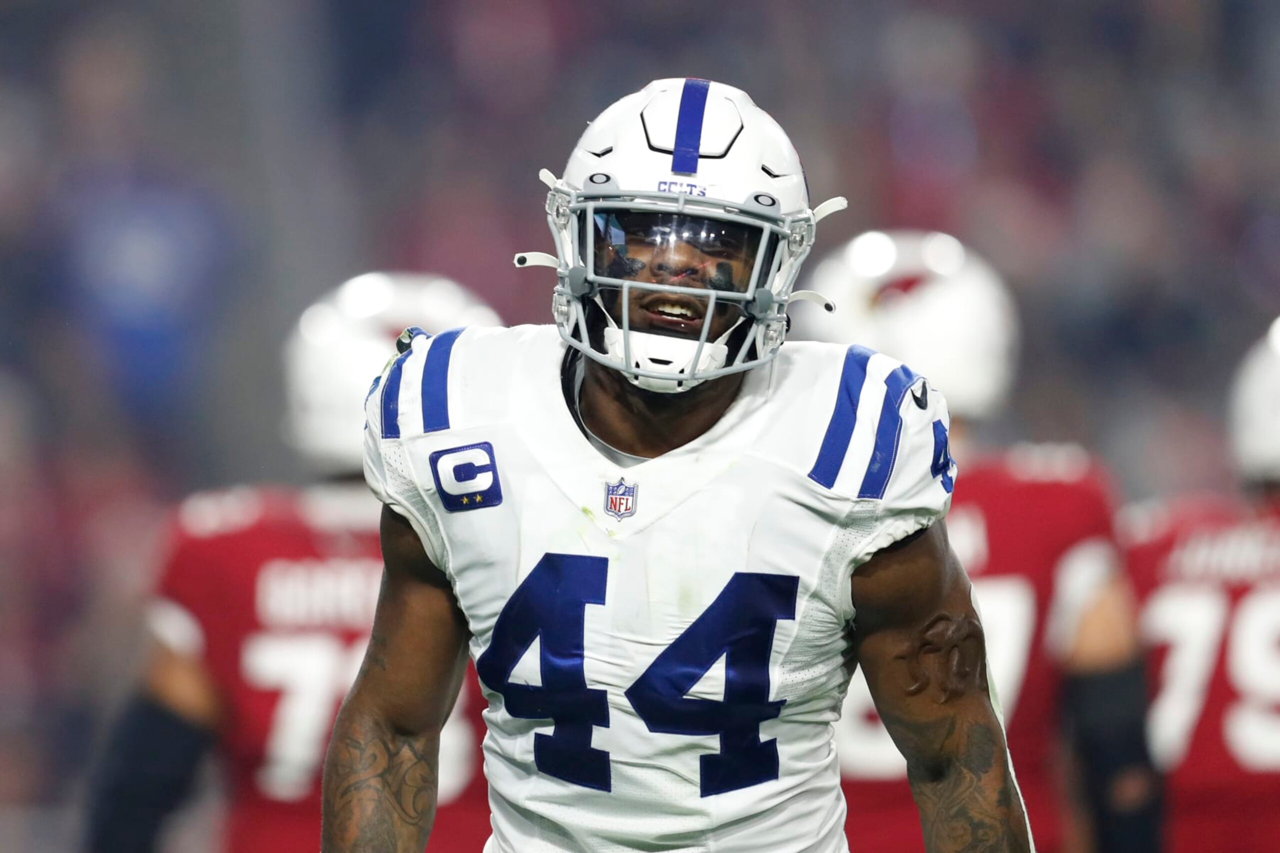 GLENDALE, ARIZONA - DECEMBER 25: Outside linebacker Zaire Franklin #44 of the Indianapolis Colts walks off the field during the first half of the game against the Arizona Cardinals at State Farm Stadium on December 25, 2021 in Glendale, Arizona. The Colts beat the Cardinals 22-16. (Photo by Chris Coduto/Getty Images)