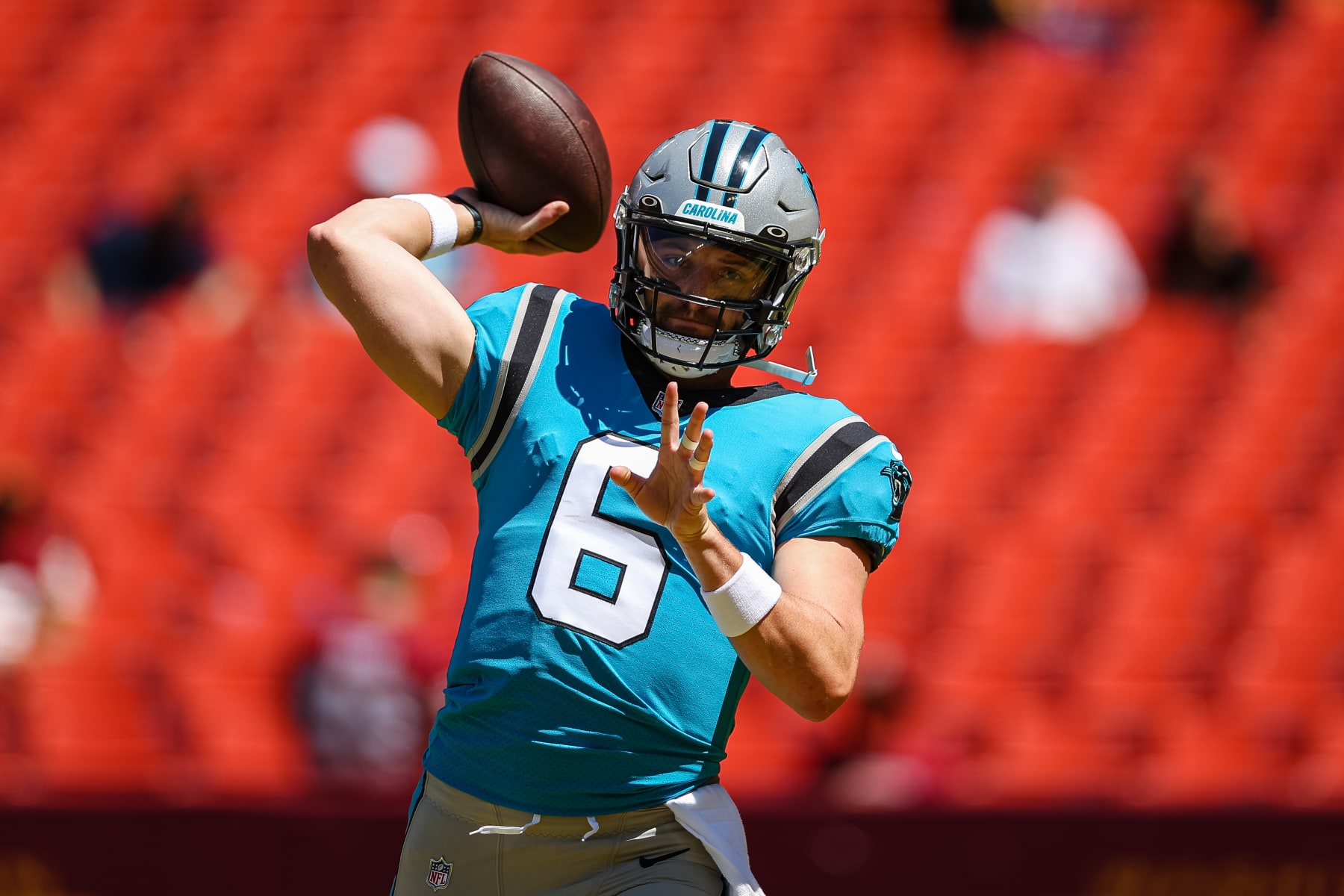 LANDOVER, MD - AUGUST 13: Baker Mayfield #6 of the Carolina Panthers warms up before the preseason game against the Washington Commanders at FedExField on August 13, 2022 in Landover, Maryland. (Photo by Scott Taetsch/Getty Images)