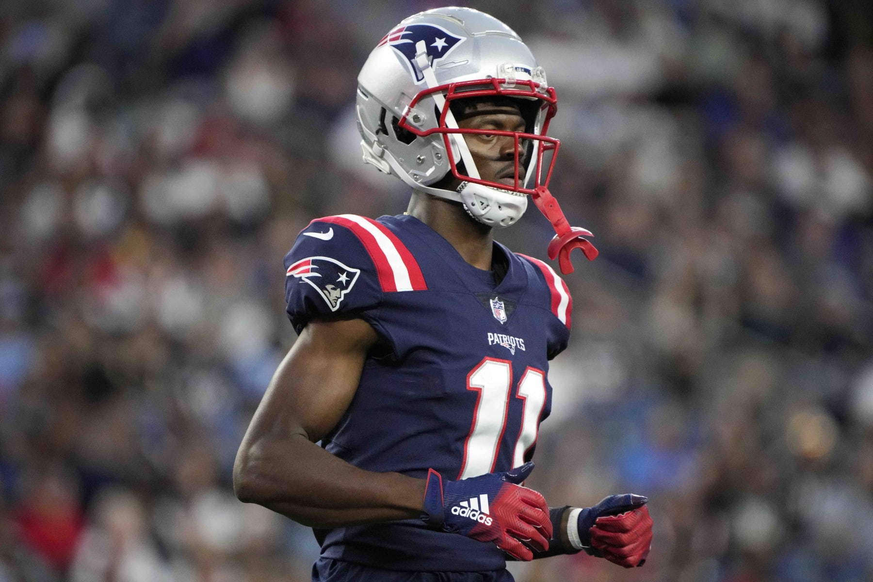 New England Patriots wide receiver Tyquan Thornton plays against the Carolina Panthers in the first half of a preseason NFL football game, Friday, Aug. 19, 2022, in Foxborough, Mass. (AP Photo/Michael Dwyer)