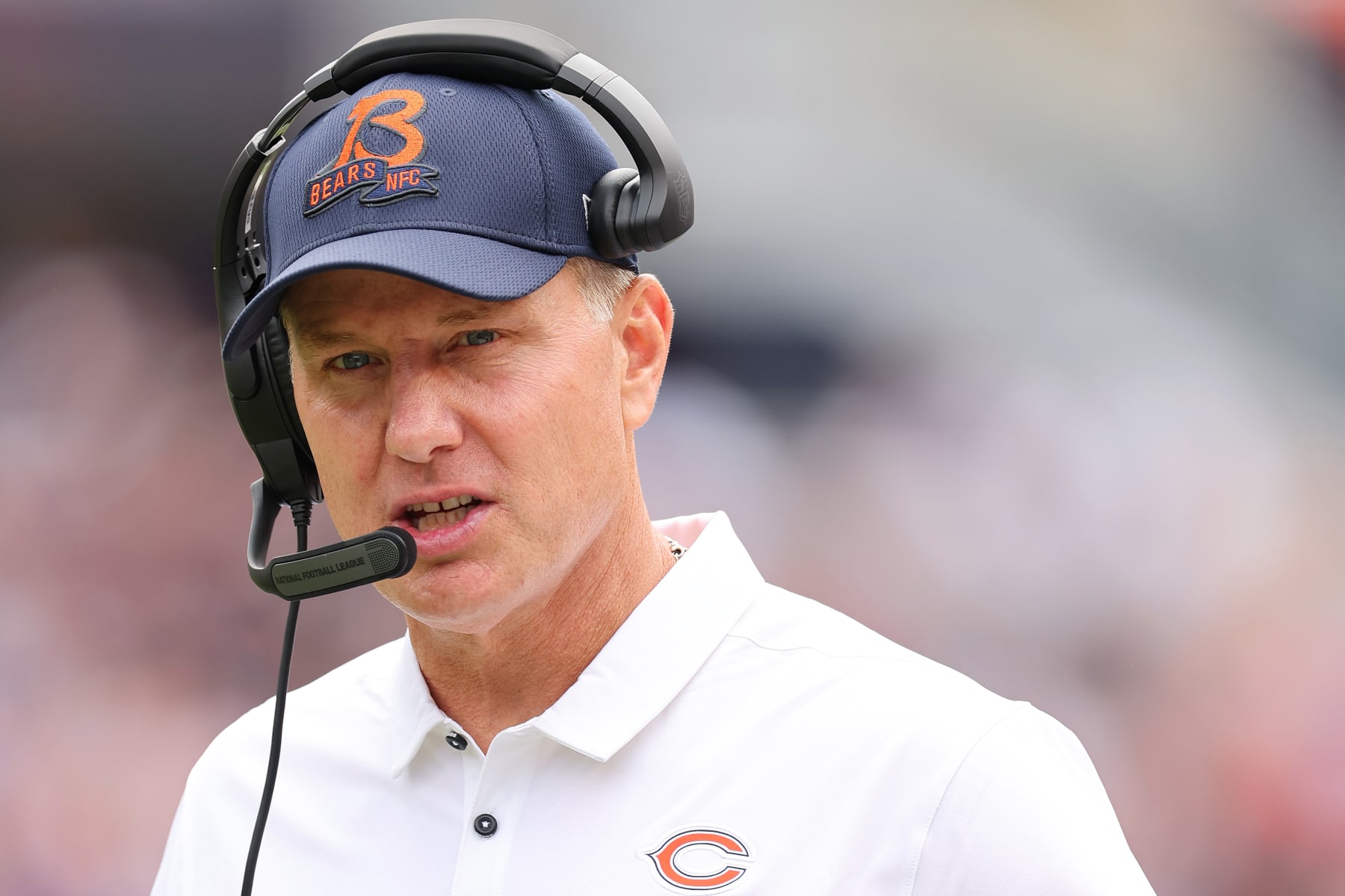 CHICAGO, ILLINOIS - AUGUST 13: Head coach Matt Eberflus of the Chicago Bears looks on against the Kansas City Chiefs during the first half of the preseason game at Soldier Field on August 13, 2022 in Chicago, Illinois. (Photo by Michael Reaves/Getty Images)