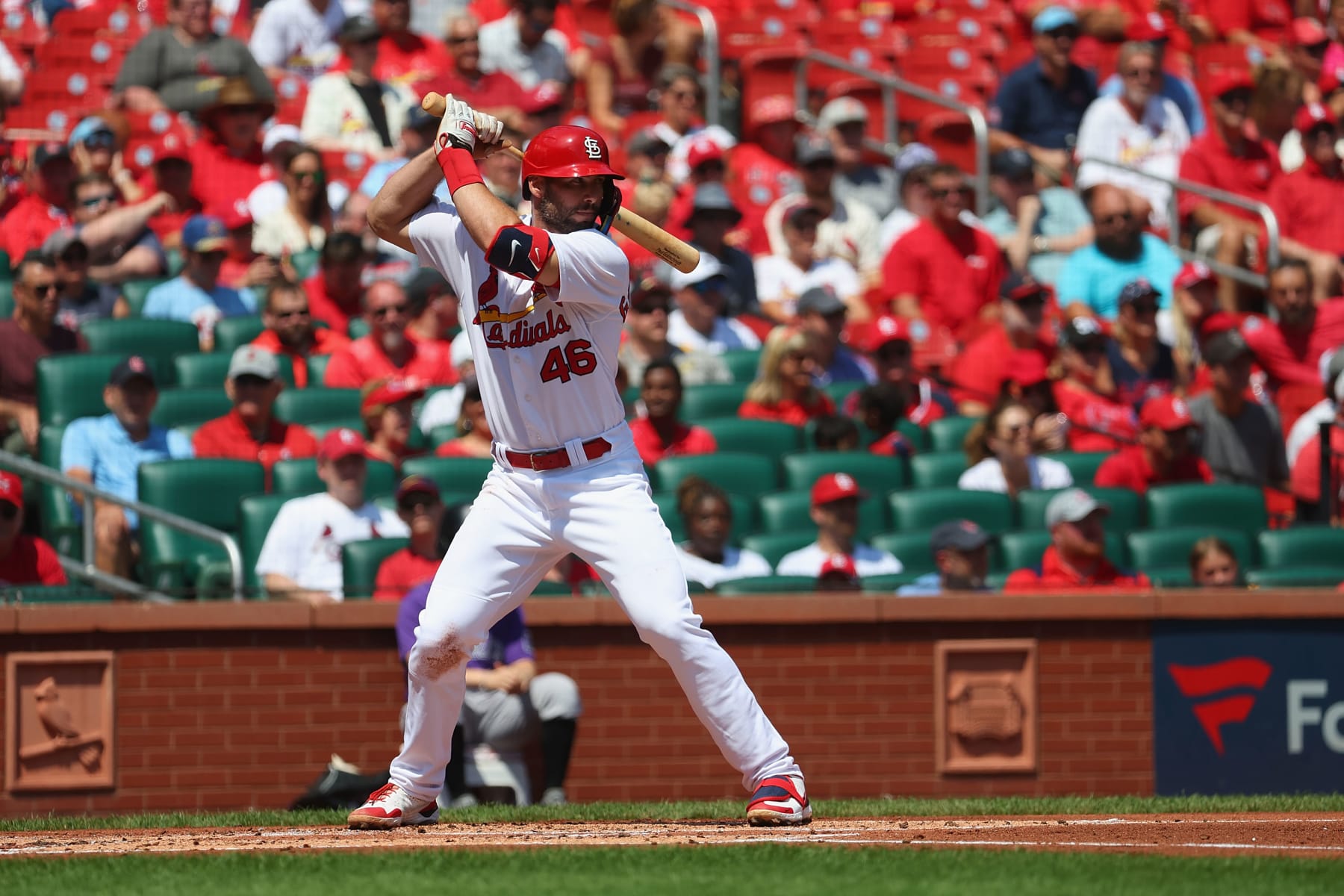ST LOUIS, MO - AUGUST 18: Paul Goldschmidt #46 of the St. Louis Cardinals bats against the Colorado Rockies at Busch Stadium on August 18, 2022 in St Louis, Missouri. (Photo by Dilip Vishwanat/Getty Images)