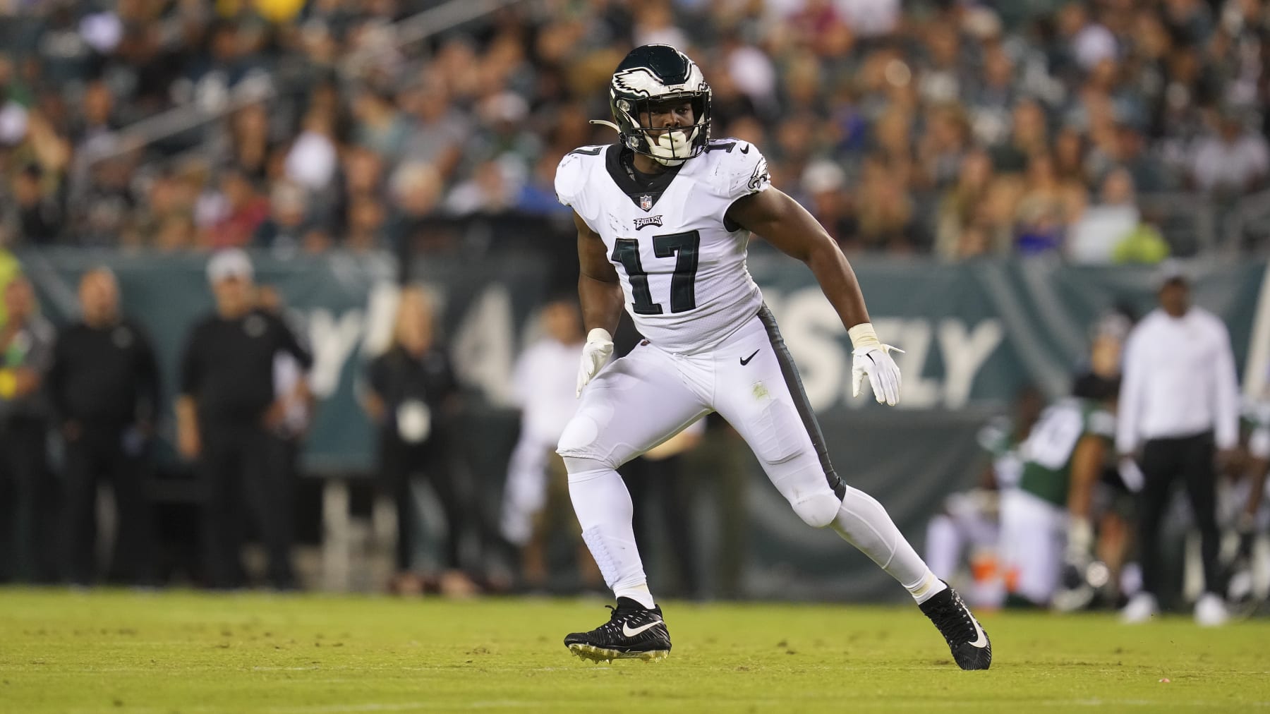 PHILADELPHIA, PA - AUGUST 12: Nakobe Dean #17 of the Philadelphia Eagles in action against the New York Jets during the preseason game at Lincoln Financial Field on August 12, 2022 in Philadelphia, Pennsylvania. The Jets defeated the Eagles 24-21. (Photo by Mitchell Leff/Getty Images)