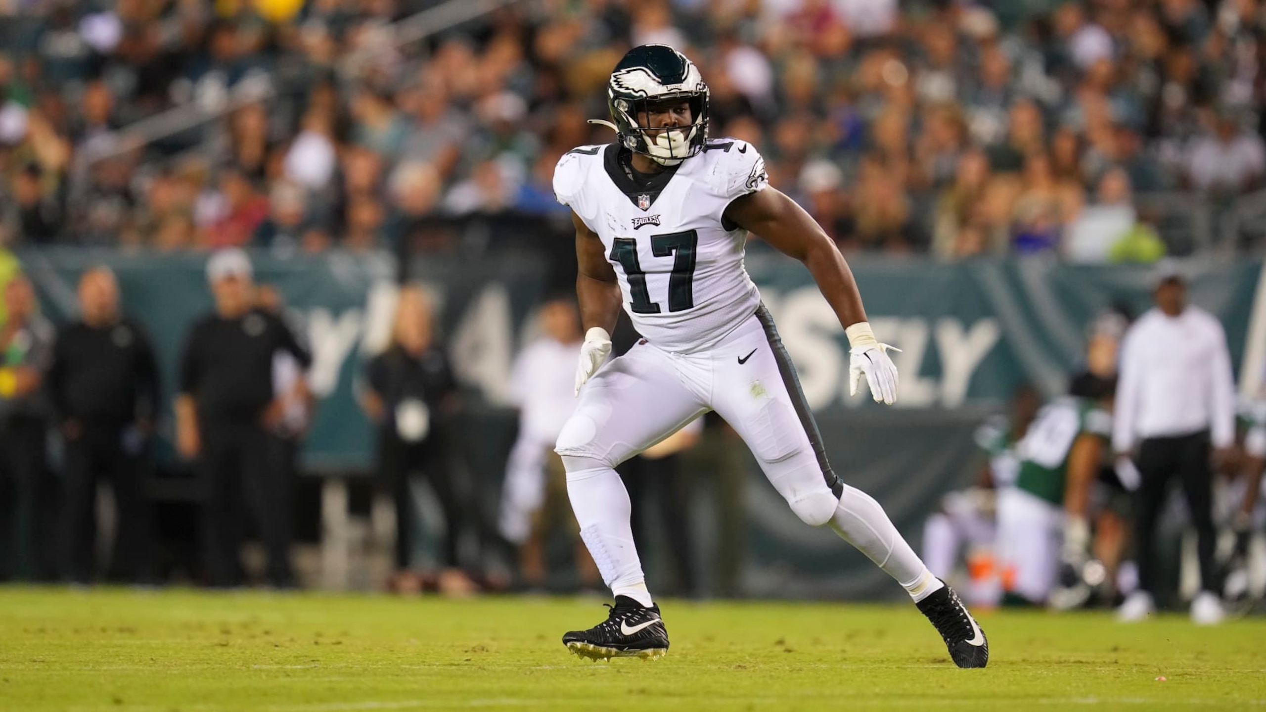 PHILADELPHIA, PA - AUGUST 12: Nakobe Dean #17 of the Philadelphia Eagles in action against the New York Jets during the preseason game at Lincoln Financial Field on August 12, 2022 in Philadelphia, Pennsylvania. The Jets defeated the Eagles 24-21. (Photo by Mitchell Leff/Getty Images)