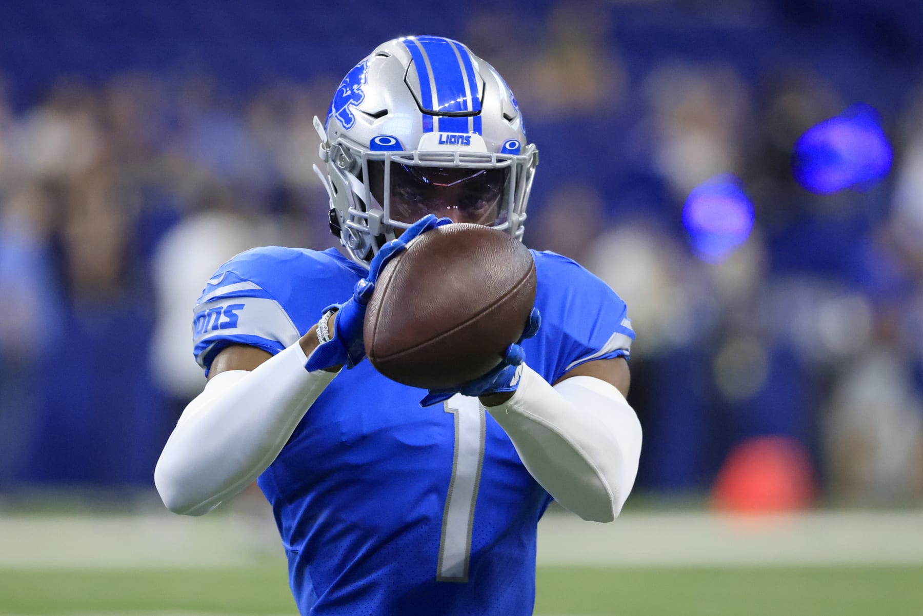 INDIANAPOLIS, INDIANA - AUGUST 20: Jeff Okudah #1 of the Detroit Lions warms up before the preseason game against the Indianapolis Colts at Lucas Oil Stadium on August 20, 2022 in Indianapolis, Indiana. (Photo by Justin Casterline/Getty Images)