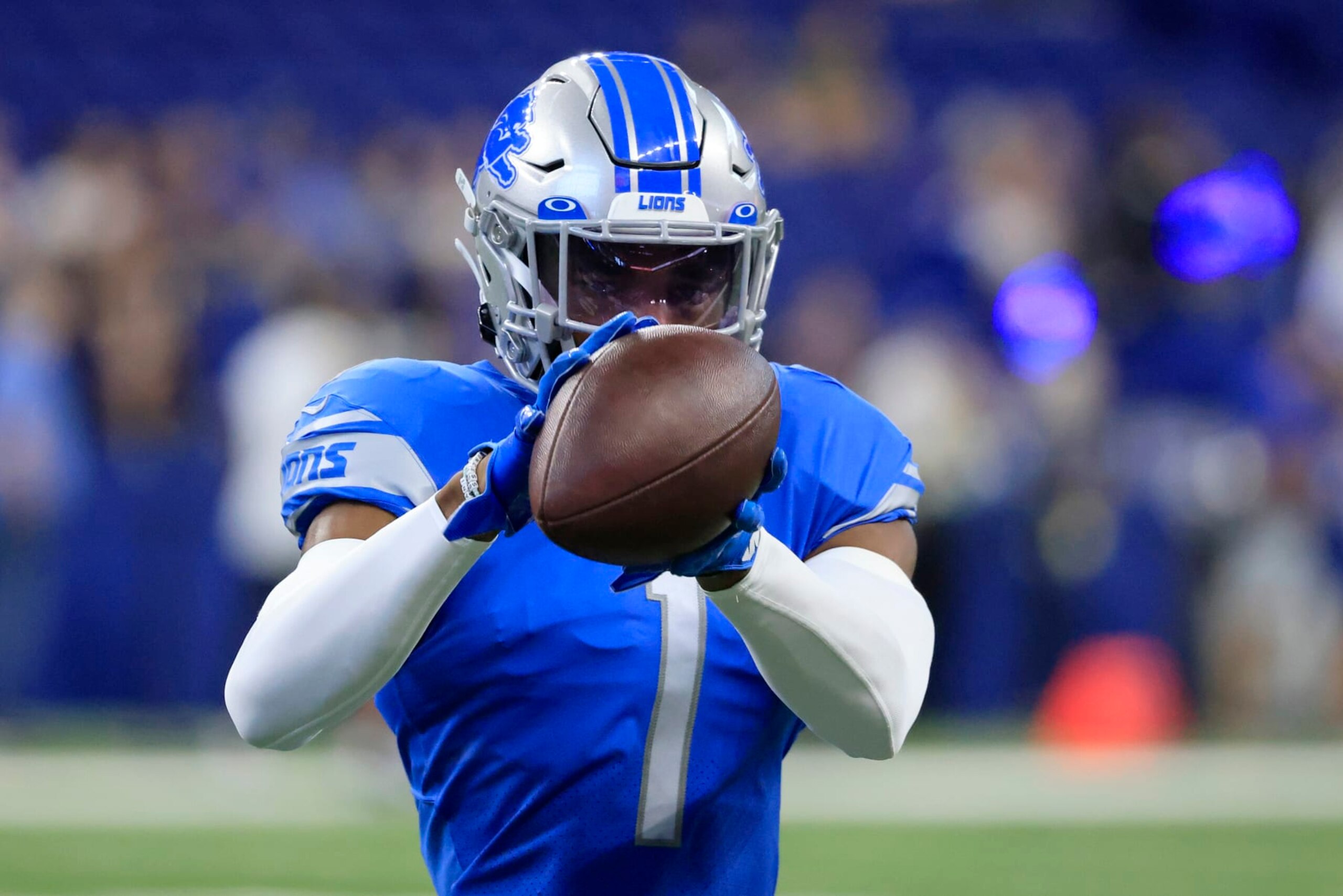 INDIANAPOLIS, INDIANA - AUGUST 20: Jeff Okudah #1 of the Detroit Lions warms up before the preseason game against the Indianapolis Colts at Lucas Oil Stadium on August 20, 2022 in Indianapolis, Indiana. (Photo by Justin Casterline/Getty Images)