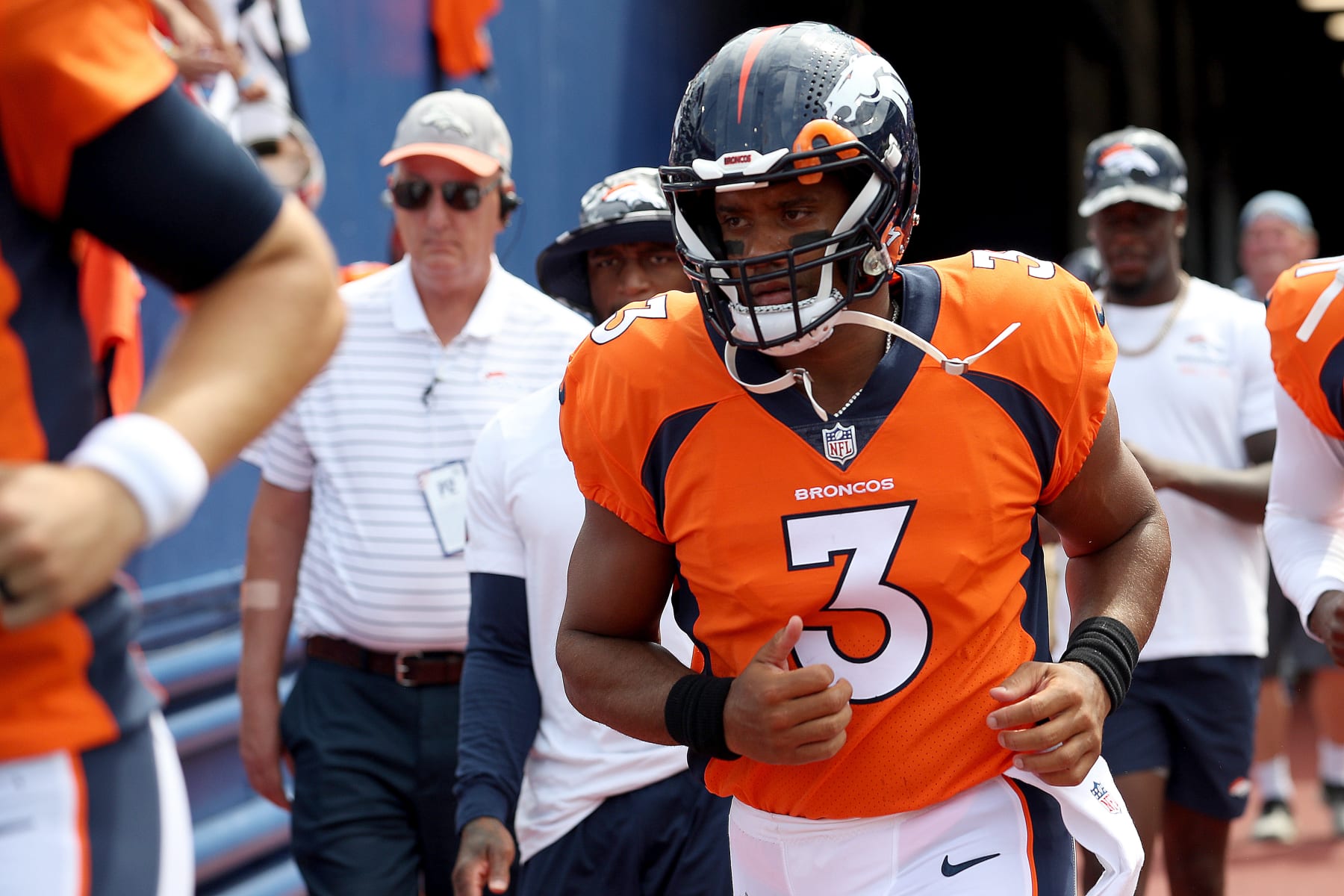 ORCHARD PARK, NEW YORK - AUGUST 20: Russell Wilson #3 of the Denver Broncos runs to the field prior to a preseason game against the Buffalo Bills at Highmark Stadium on August 20, 2022 in Orchard Park, New York. (Photo by Bryan M. Bennett/Getty Images)