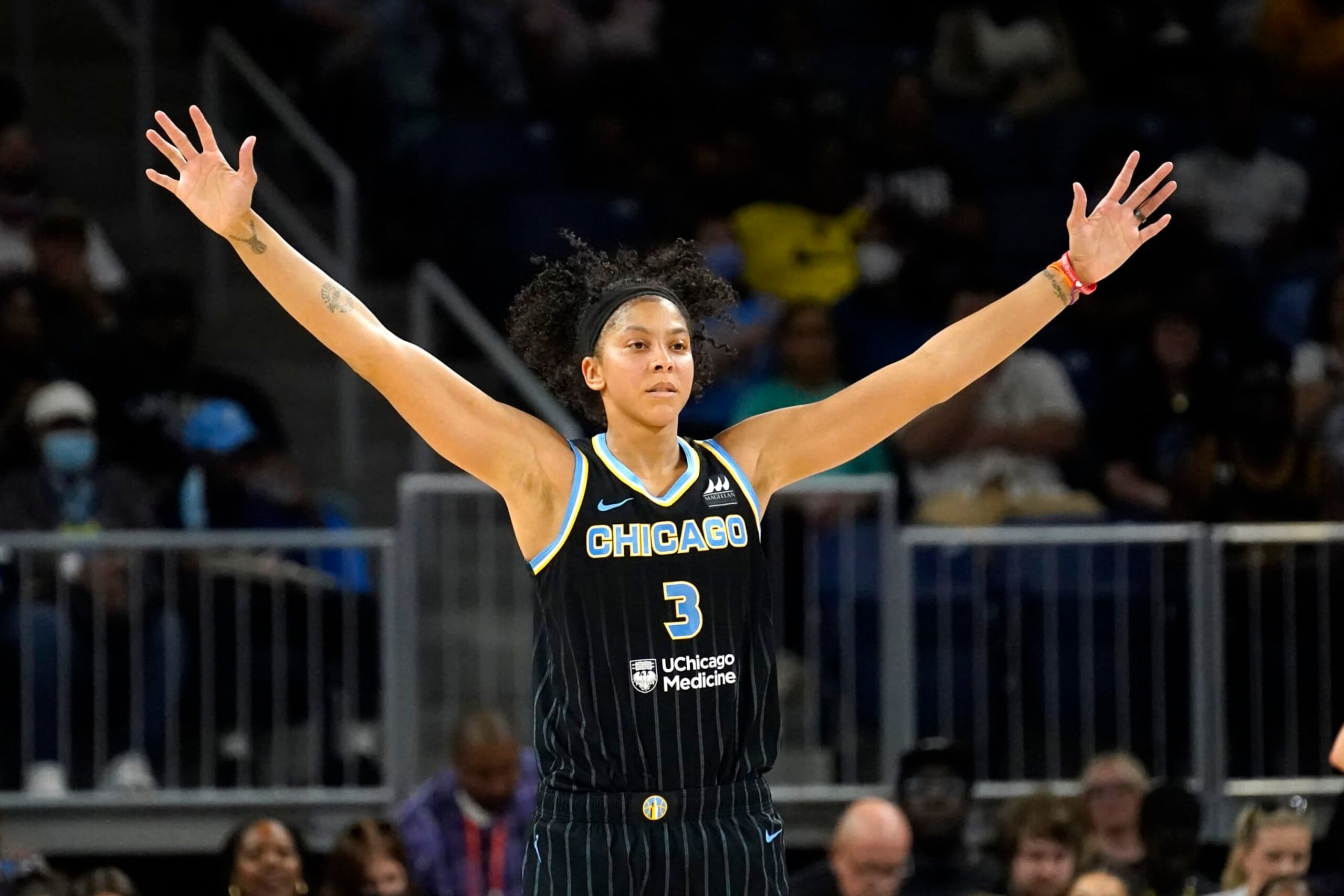 Chicago Sky's Candace Parker sets up on defense during the WNBA Commissioner's Cup basketball game against the Las Vegas Aces Tuesday, July 26, 2022, in Chicago. (AP Photo/Charles Rex Arbogast)
