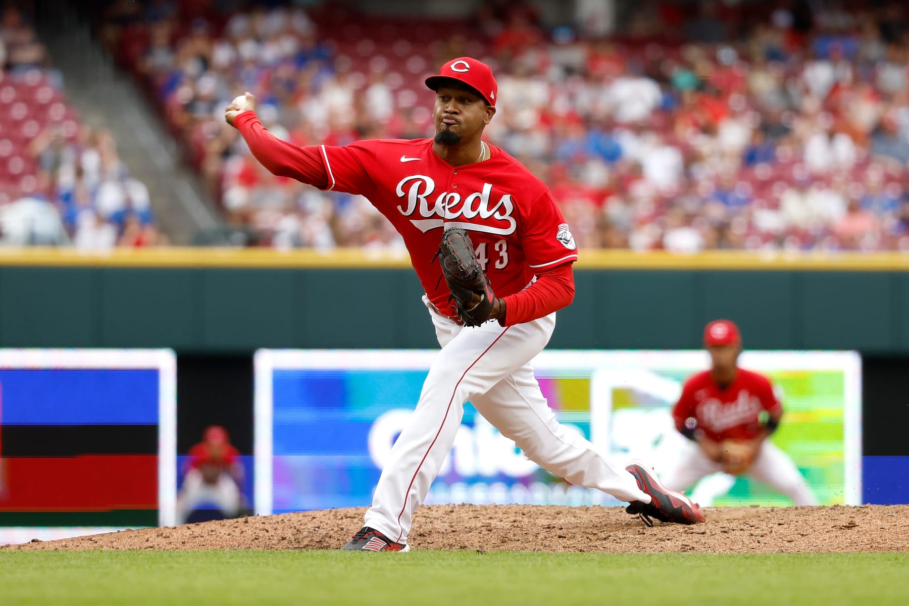 CINCINNATI, OH - AUGUST 14:  Alexis Diaz #43 of the Cincinnati Reds pitches during the game against the Chicago Cubs at Great American Ball Park on August 14, 2022 in Cincinnati, Ohio. Cincinnati defeated Chicago 8-5. (Photo by Kirk Irwin/Getty Images)