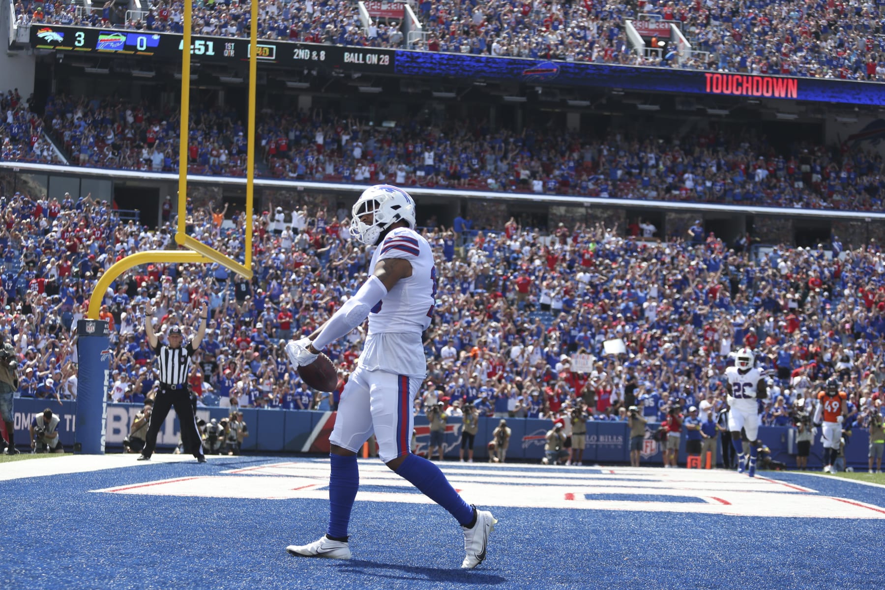 Buffalo Bills' Gabriel Davis celebrates his touchdown during the first half of a preseason NFL football game against the Denver Broncos, Saturday, Aug. 20, 2022, in Orchard Park, N.Y. (AP Photo/Joshua Bessex)