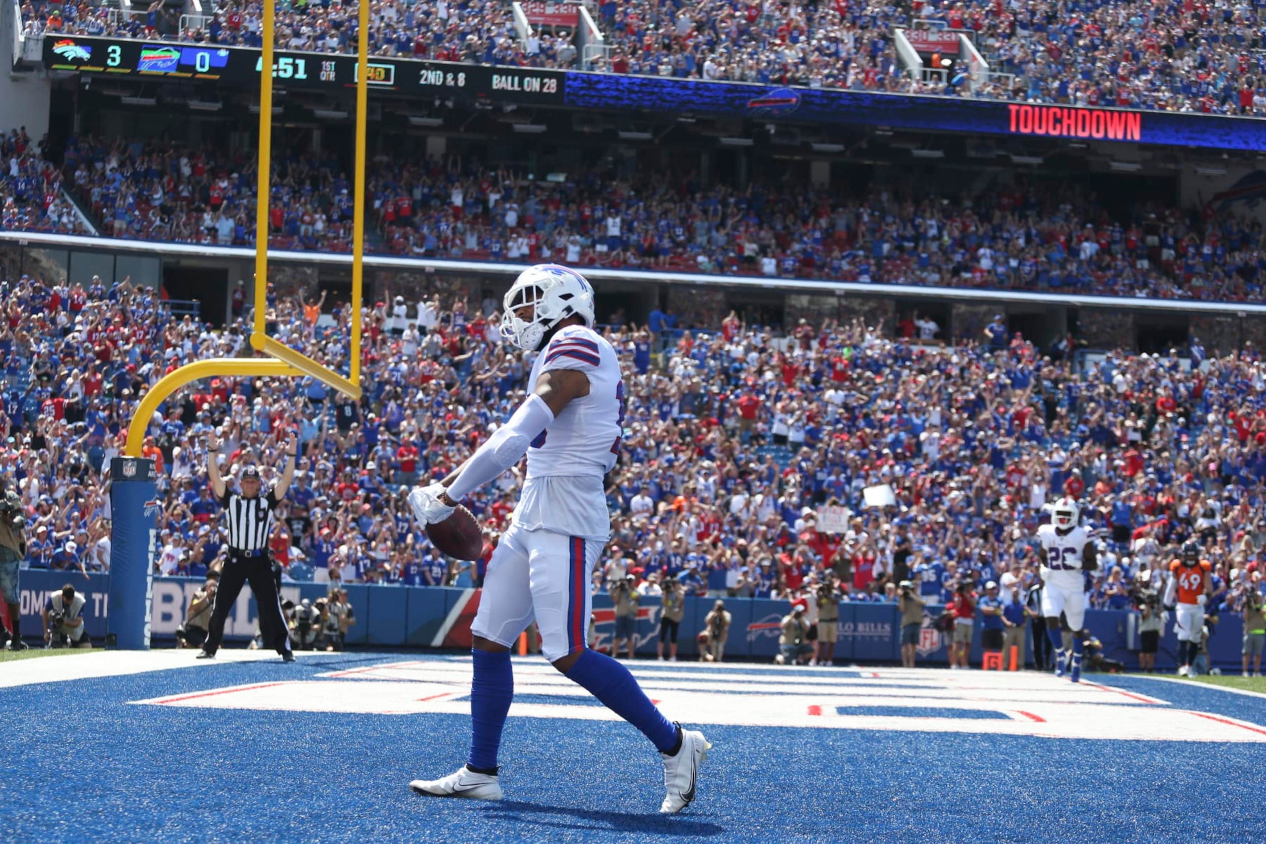 Buffalo Bills' Gabriel Davis celebrates his touchdown during the first half of a preseason NFL football game against the Denver Broncos, Saturday, Aug. 20, 2022, in Orchard Park, N.Y. (AP Photo/Joshua Bessex)