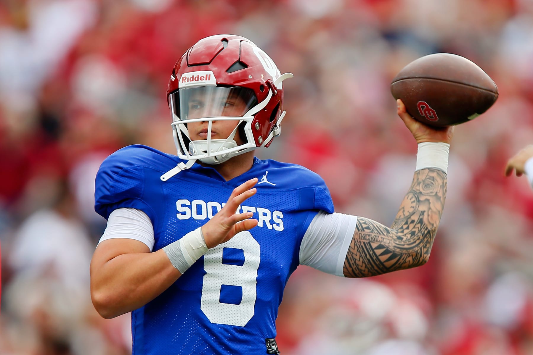 NORMAN, OK - APRIL 23:  Quarterback Dillon Gabriel #8 of the Oklahoma Sooners throws before the spring game at Gaylord Family Oklahoma Memorial Stadium on April 23, 2022 in Norman, Oklahoma.   (Photo by Brian Bahr/Getty Images)