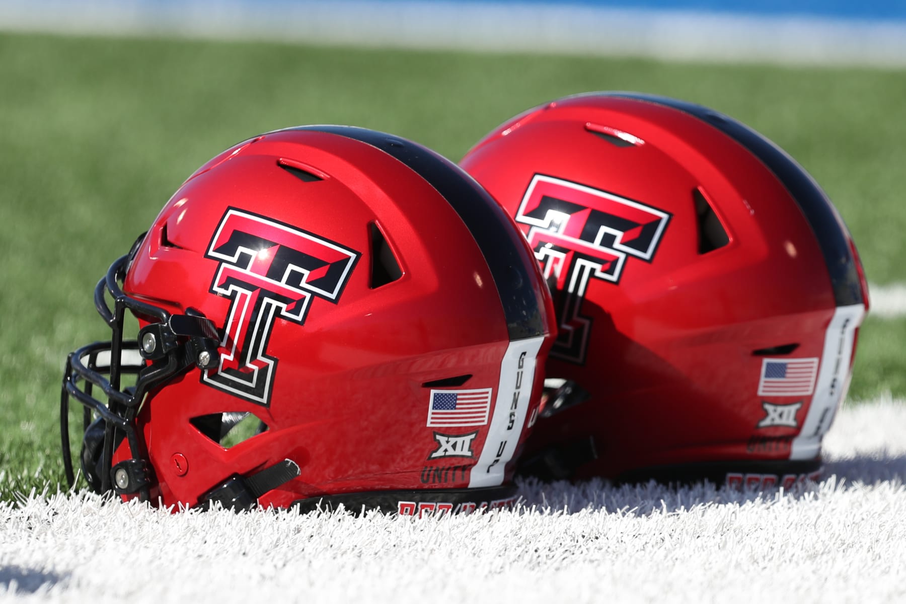LAWRENCE, KS - OCTOBER 16: A view of Texas Tech Red Raiders helmets before a Big 12 football game between the Texas Tech Red Raiders and Kansas Jayhawks  on Oct 16, 2021 at Memorial Stadium in Lawrence, KS. (Photo by Scott Winters/Icon Sportswire via Getty Images)