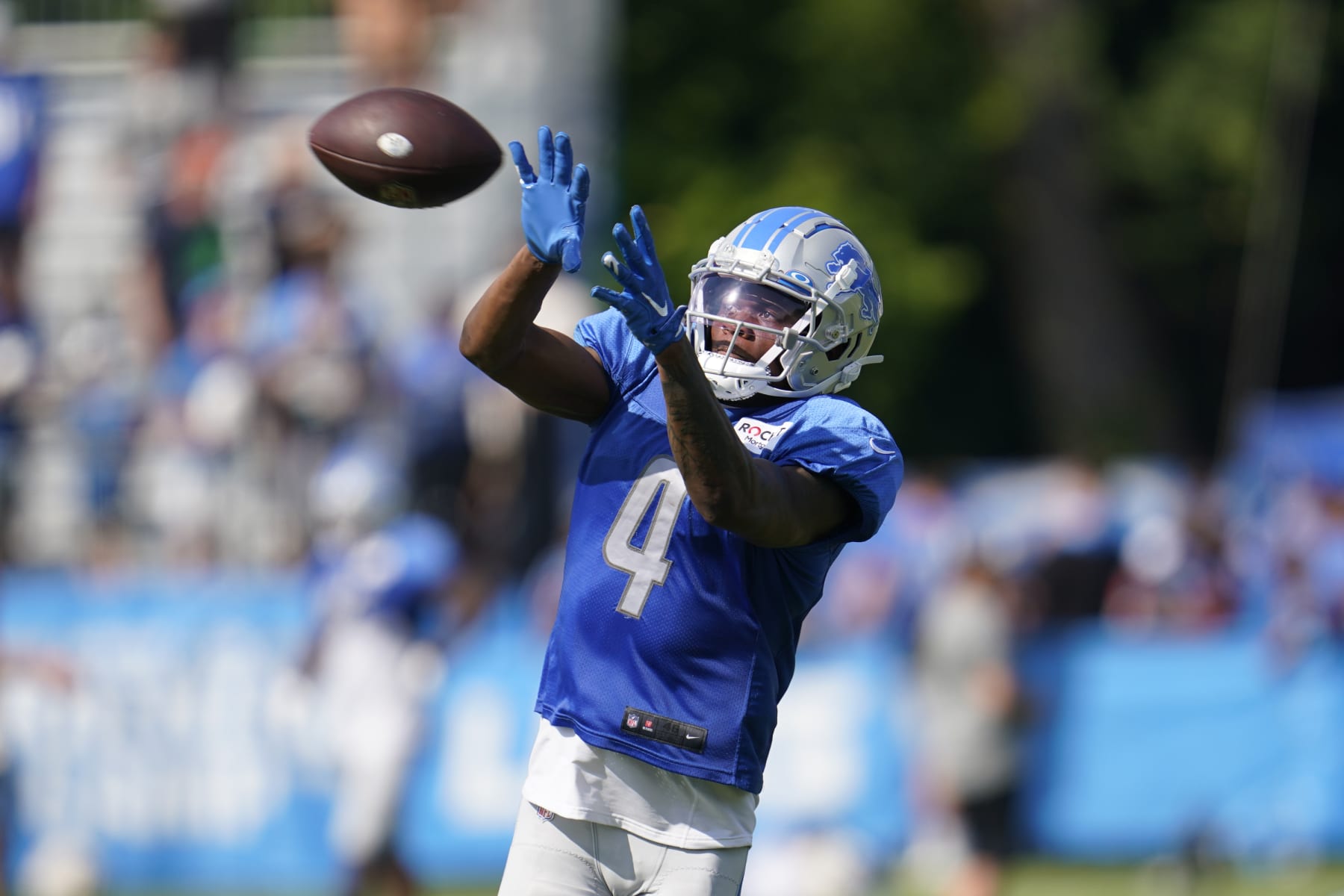 Detroit Lions wide receiver DJ Chark catches a pass during an NFL football practice in Allen Park, Mich., Monday, Aug. 1, 2022. (AP Photo/Paul Sancya)