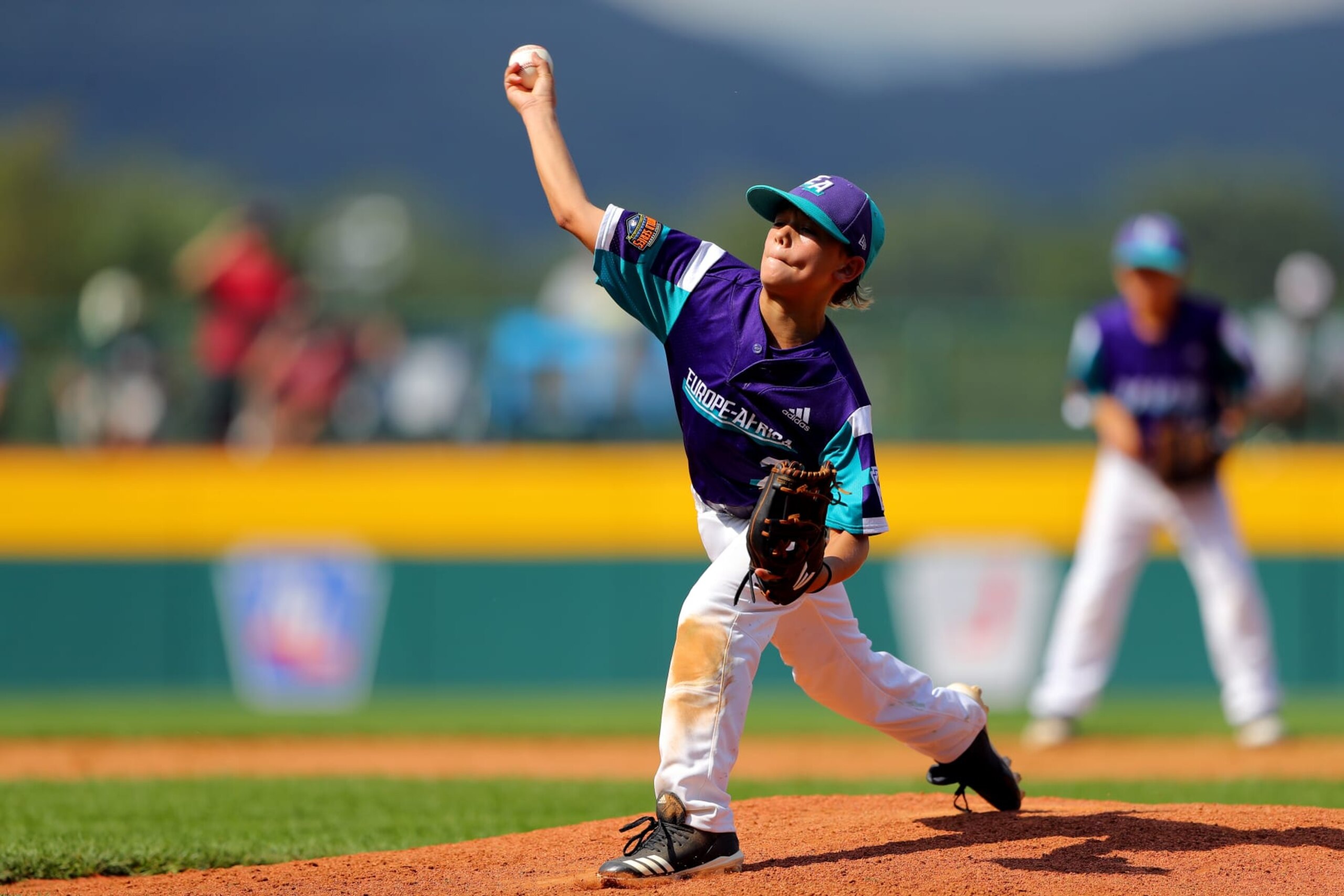 SOUTH WILLIAMSPORT, PA - AUGUST 16: Christian Sberlati #2 of the Europe & Africa Region team from Italy pitches during Game 5 of the 2019 Little League World Series against the Japan Region team from Tokyo at Volunteer Stadium on Friday, August 16, 2019 in South Williamsport, Pennsylvania. (Photo by Alex Trautwig/MLB Photos via Getty Images)