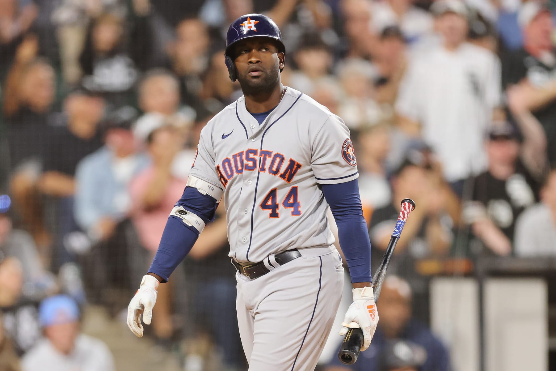 CHICAGO, ILLINOIS - AUGUST 16: Yordan Alvarez #44 of the Houston Astros reacts after striking out during the fifth inning against the Chicago White Sox at Guaranteed Rate Field on August 16, 2022 in Chicago, Illinois. (Photo by Michael Reaves/Getty Images)