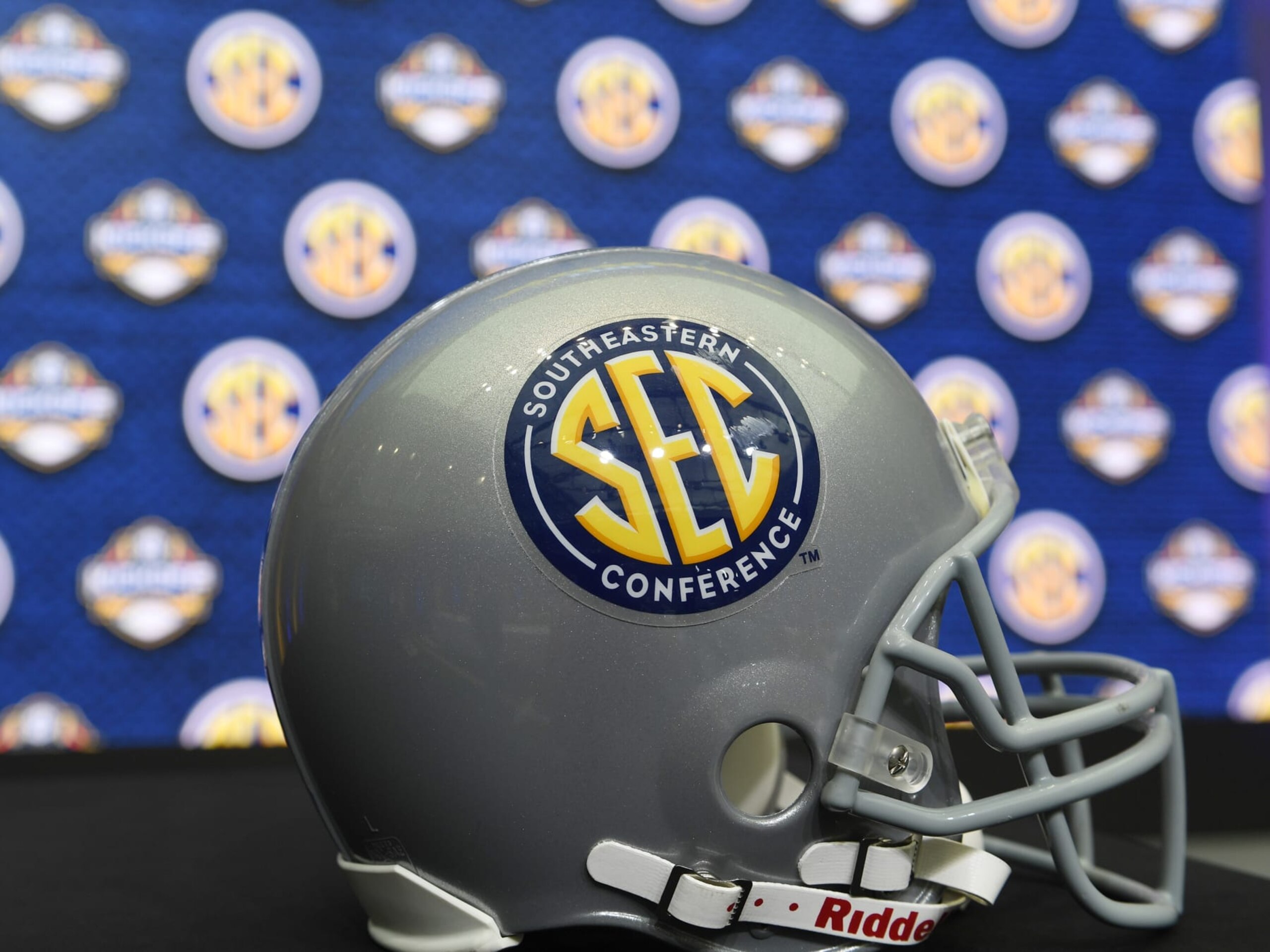ATLANTA, GA - JULY 18: A football helmet with the SEC logo sits on stage during the SEC Football Kickoff Media Days on July 18, 2022, at the College Football Hall of Fame in Atlanta, GA.(Photo by Jeffrey Vest/Icon Sportswire via Getty Images)