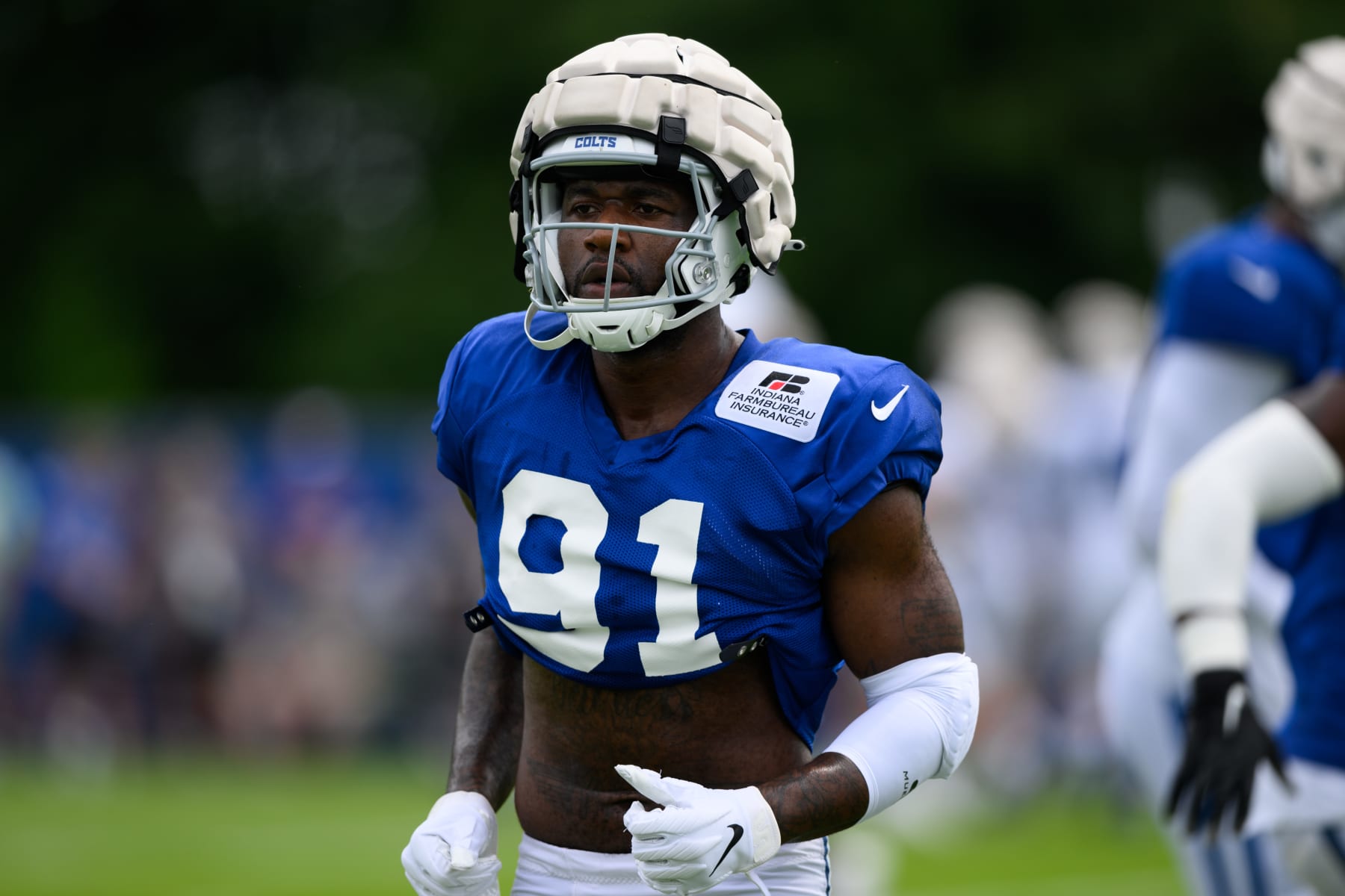 WESTFIELD, IN - AUGUST 02: Indianapolis Colts defensive end Yannick Ngakoue (91) runs through a drill during the Indianapolis Colts Training Camp practice on August 2, 2022 at Grand Park Sports Campus in Westfield, IN. (Photo by Zach Bolinger/Icon Sportswire via Getty Images)