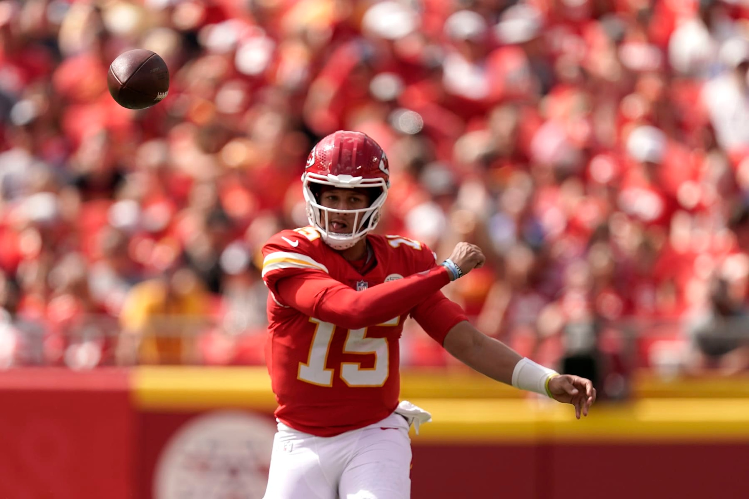 Kansas City Chiefs quarterback Patrick Mahomes throws during the first half of an NFL preseason football game against the Washington Commanders Saturday, Aug. 20, 2022, in Kansas City, Mo. (AP Photo/Charlie Riedel)