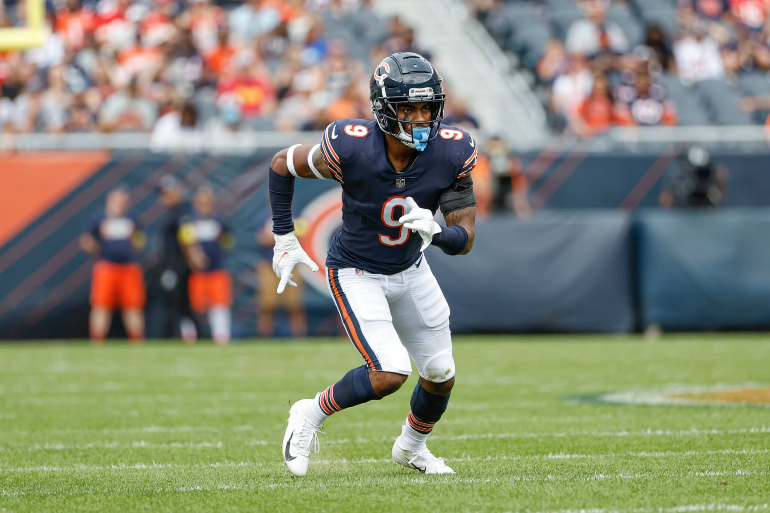 Chicago Bears safety Jaquan Brisker (9) runs on the field during the first half of a preseason NFL football game against the Kansas City Chiefs, Saturday, Aug. 13, 2022, in Chicago. (AP Photo/Kamil Krzaczynski)