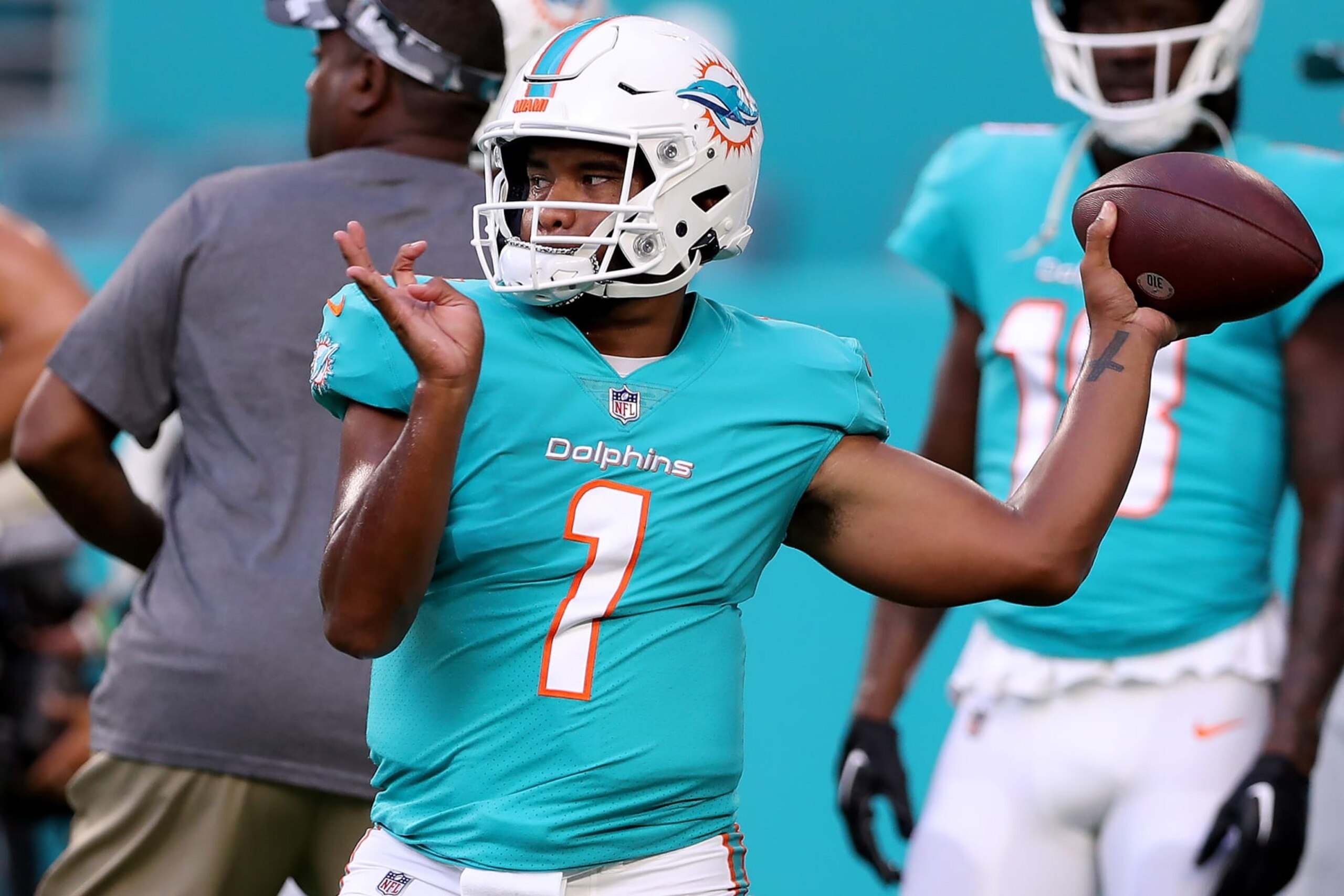 MIAMI GARDENS, FLORIDA - AUGUST 20: Tua Tagovailoa #1 of the Miami Dolphins warms up prior to playing the Las Vegas Raiders at Hard Rock Stadium on August 20, 2022 in Miami Gardens, Florida. (Photo by Megan Briggs/Getty Images)