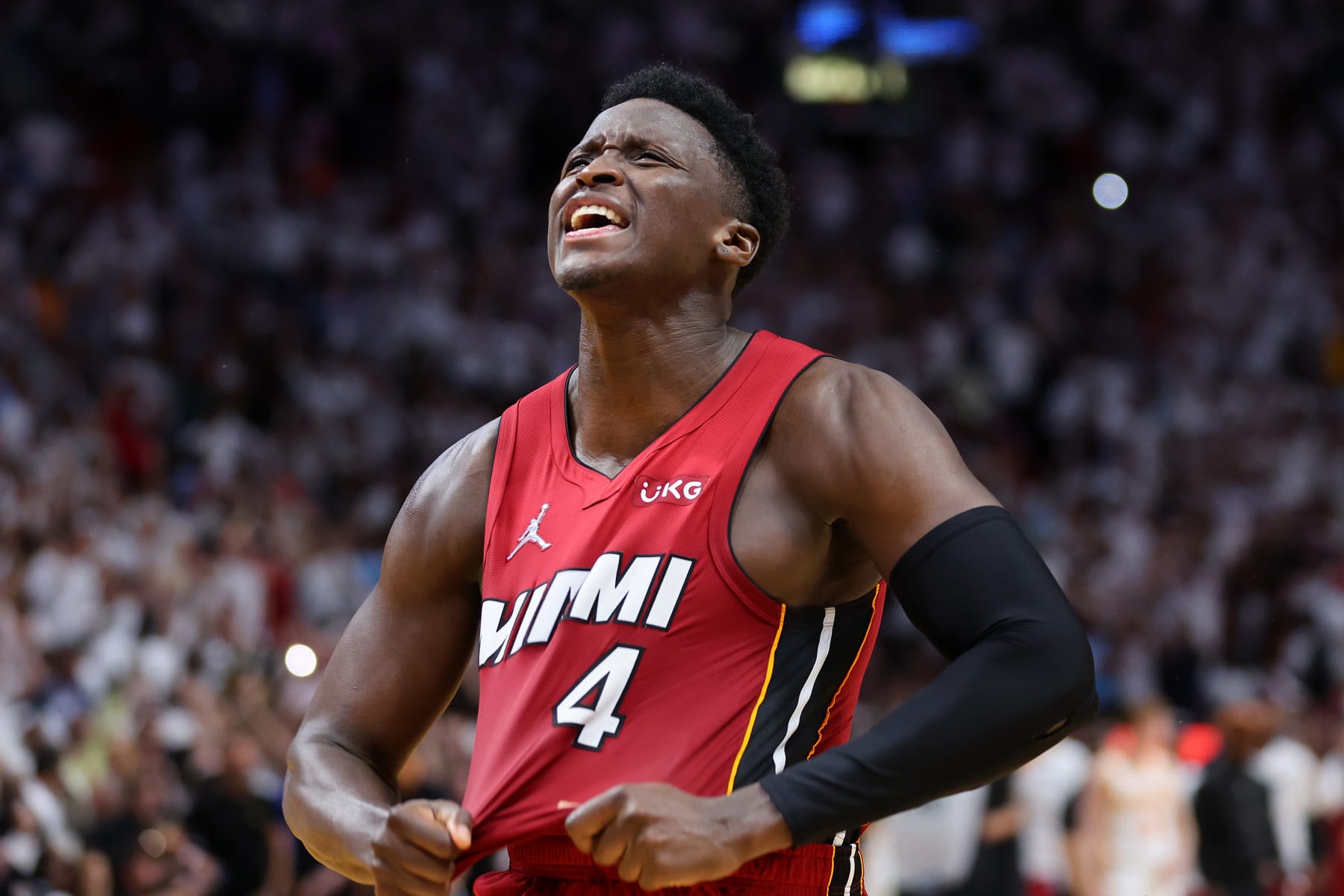 MIAMI, FLORIDA - APRIL 26: Victor Oladipo #4 of the Miami Heat celebrates after defeating the Atlanta Hawks 97-94 in Game Five of the Eastern Conference First Round to advance at FTX Arena on April 26, 2022 in Miami, Florida. NOTE TO USER: User expressly acknowledges and agrees that, by downloading and or using this photograph, User is consenting to the terms and conditions of the Getty Images License Agreement.  (Photo by Michael Reaves/Getty Images)