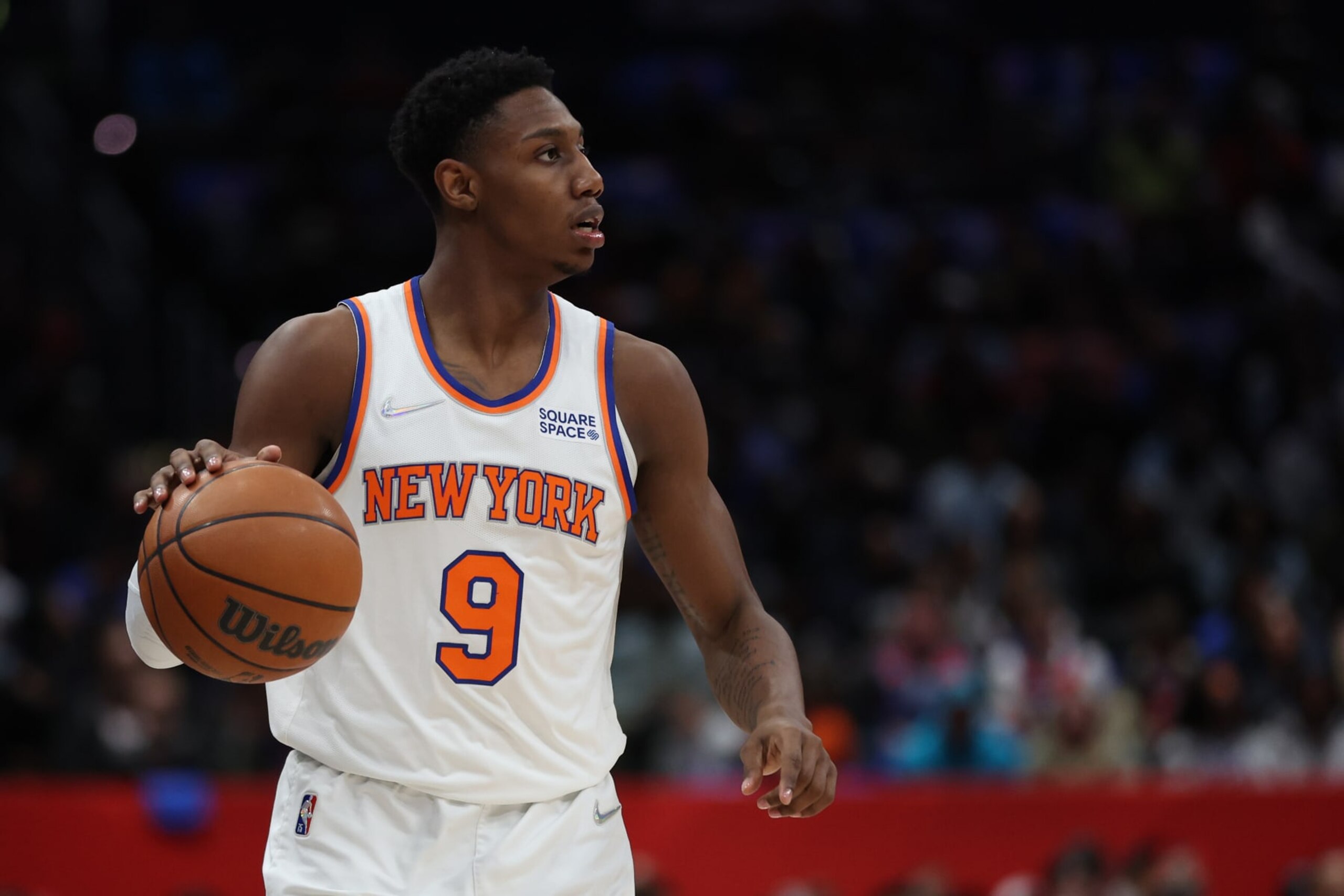 WASHINGTON, DC - APRIL 08: RJ Barrett #9 of the New York Knicks in action against the Washington Wizards during the first half at Capital One Arena on April 08, 2022 in Washington, DC. NOTE TO USER: User expressly acknowledges and agrees that, by downloading and or using this photograph, User is consenting to the terms and conditions of the Getty Images License Agreement. (Photo by Patrick Smith/Getty Images) WASHINGTON, DC - APRIL 08: RJ Barrett #9 of the New York Knicks in action against the Washington Wizards during the first half at Capital One Arena on April 08, 2022 in Washington, DC. NOTE TO USER: User expressly acknowledges and agrees that, by downloading and or using this photograph, User is consenting to the terms and conditions of the Getty Images License Agreement. (Photo by Patrick Smith/Getty Images)