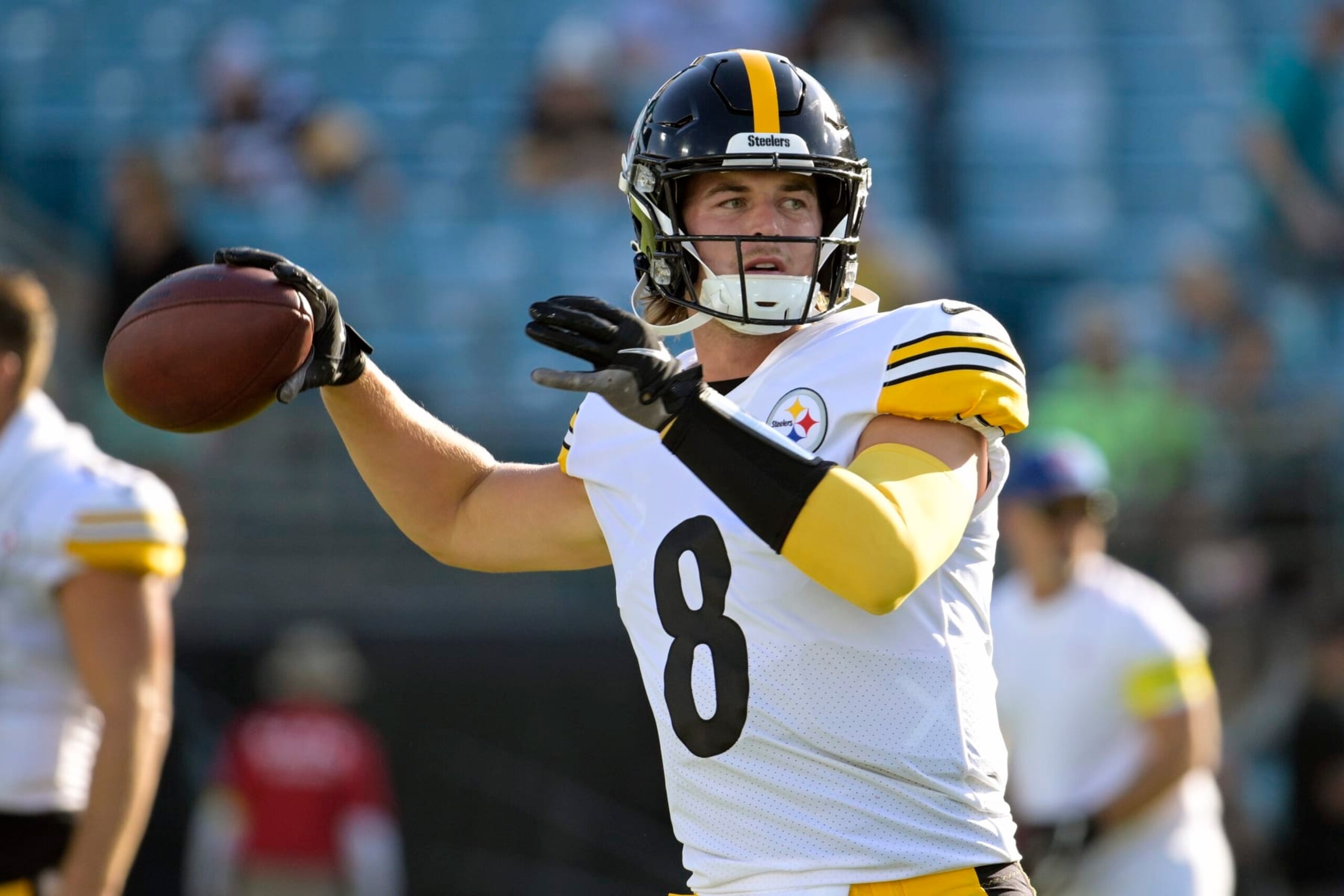Pittsburgh Steelers quarterback Kenny Pickett (8) warms up before the first half of an NFL preseason football game against the Jacksonville Jaguars, Saturday, Aug. 20, 2022, in Jacksonville, Fla. (AP Photo/Phelan M. Ebenhack)