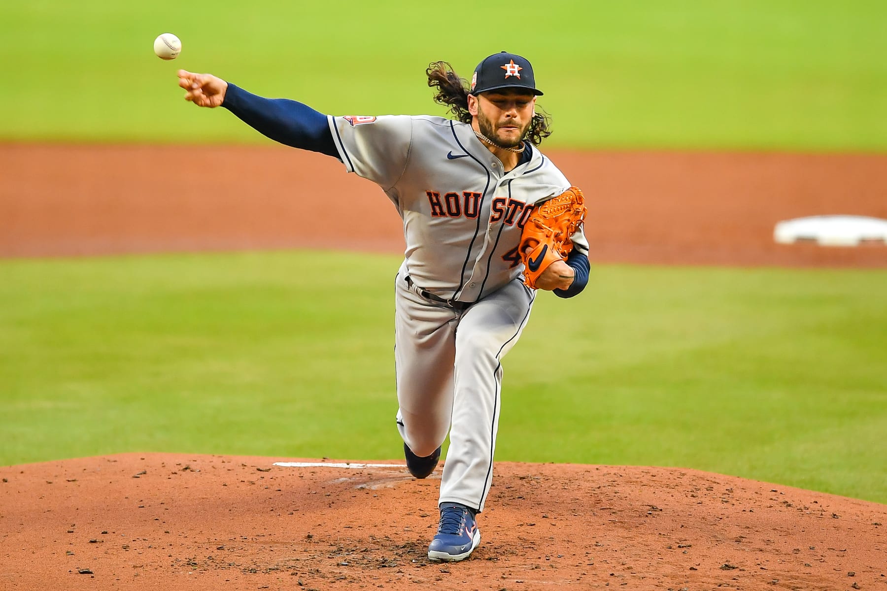 ATLANTA, GA  August 19:  Houston starting pitcher Lance McCullers Jr. (43) throws a pitch during the MLB game between the Houston Astros and the Atlanta Braves on August 19th, 2022 at Truist Park in Atlanta, GA. (Photo by Rich von Biberstein/Icon Sportswire via Getty Images)