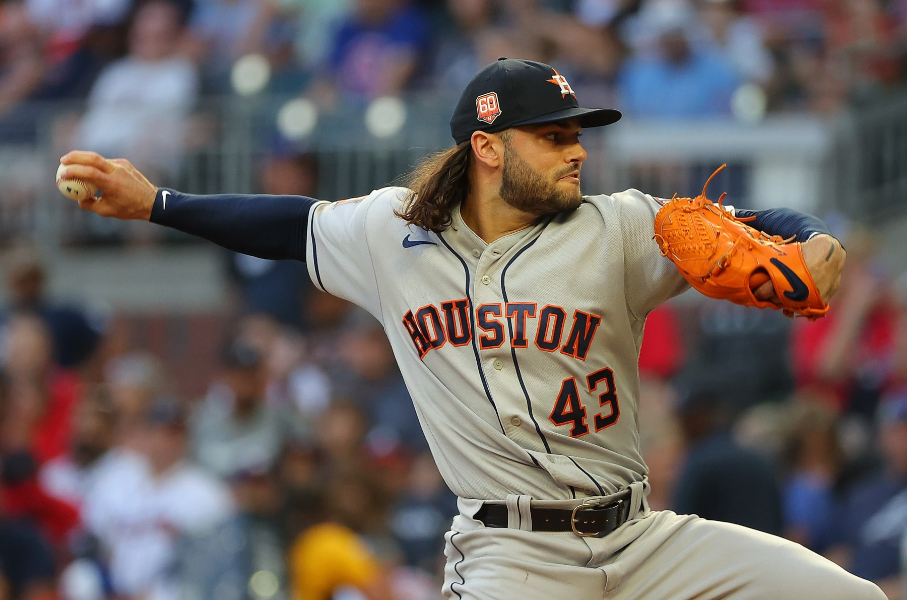 ATLANTA, GEORGIA - AUGUST 19:  Lance McCullers Jr. #43 of the Houston Astros pitches in the first inning against the Atlanta Braves at Truist Park on August 19, 2022 in Atlanta, Georgia. (Photo by Kevin C. Cox/Getty Images)