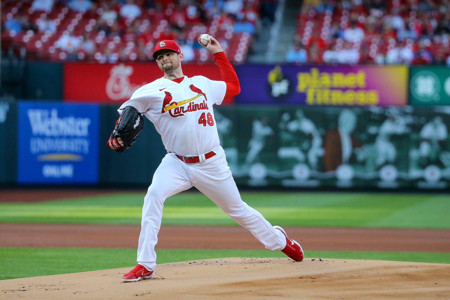 ST. LOUIS, MO - AUGUST 17: Starter Jordan Montgomery #48 of the St. Louis Cardinals delivers a pitch during the first inning against the Colorado Rockies at Busch Stadium on August 17, 2022 in St. Louis, Missouri. (Photo by Scott Kane/Getty Images)