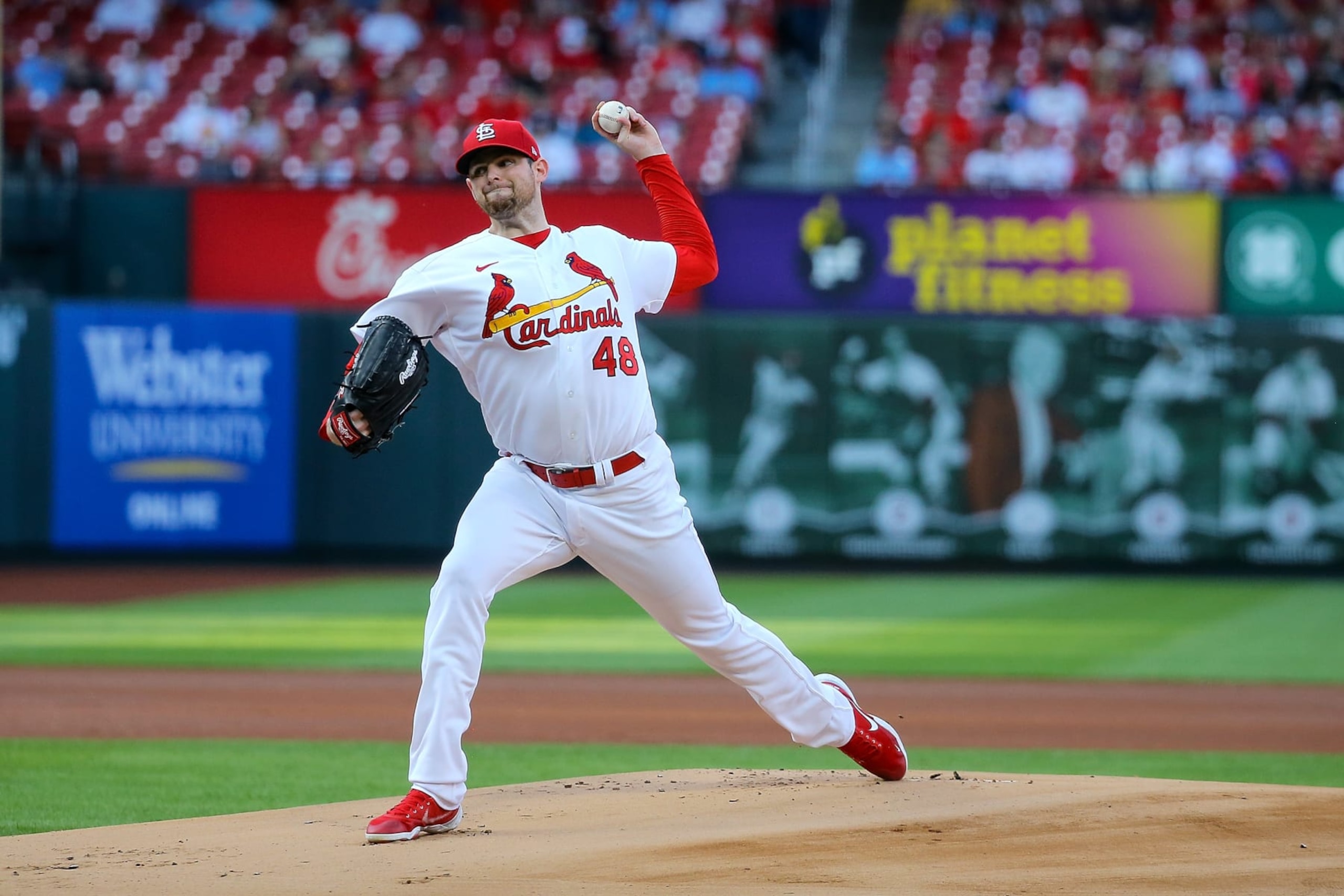 ST. LOUIS, MO - AUGUST 17: Starter Jordan Montgomery #48 of the St. Louis Cardinals delivers a pitch during the first inning against the Colorado Rockies at Busch Stadium on August 17, 2022 in St. Louis, Missouri. (Photo by Scott Kane/Getty Images) ST. LOUIS, MO - AUGUST 17: Starter Jordan Montgomery #48 of the St. Louis Cardinals delivers a pitch during the first inning against the Colorado Rockies at Busch Stadium on August 17, 2022 in St. Louis, Missouri. (Photo by Scott Kane/Getty Images)