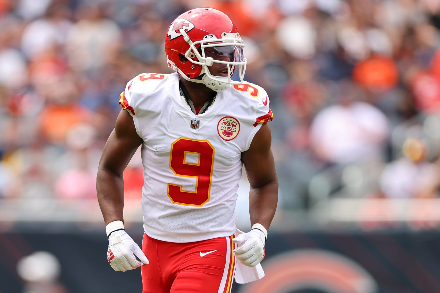 CHICAGO, ILLINOIS - AUGUST 13: JuJu Smith-Schuster #9 of the Kansas City Chiefs looks on against the Chicago Bears during the first half of the preseason game at Soldier Field on August 13, 2022 in Chicago, Illinois. (Photo by Michael Reaves/Getty Images)