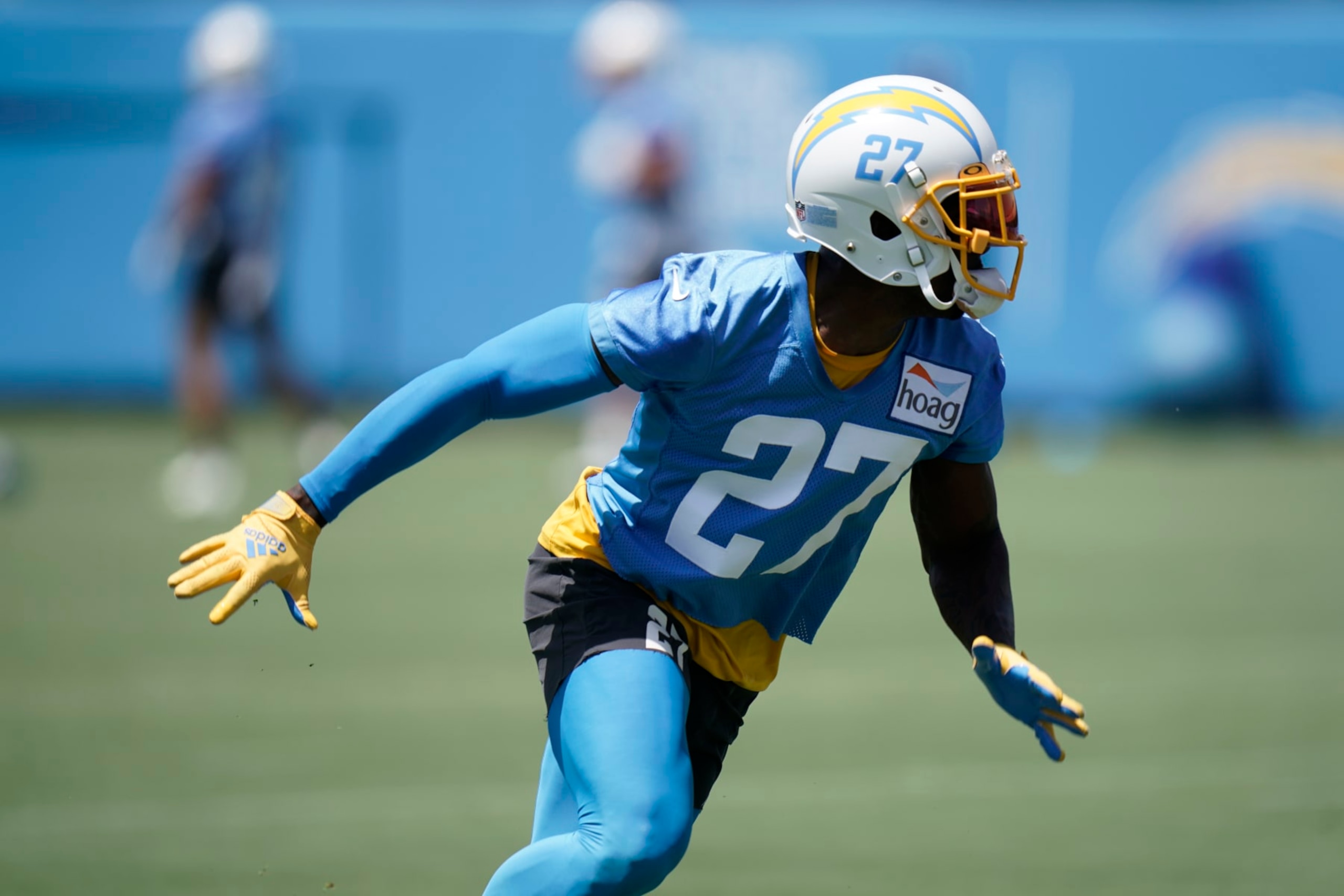 Los Angeles Chargers cornerback J.C. Jackson runs a drill at the NFL football team's practice facility Wednesday, June 15, 2022, in Costa Mesa, Calif. (AP Photo/Jae C. Hong) Los Angeles Chargers cornerback J.C. Jackson runs a drill at the NFL football team's practice facility Wednesday, June 15, 2022, in Costa Mesa, Calif. (AP Photo/Jae C. Hong)