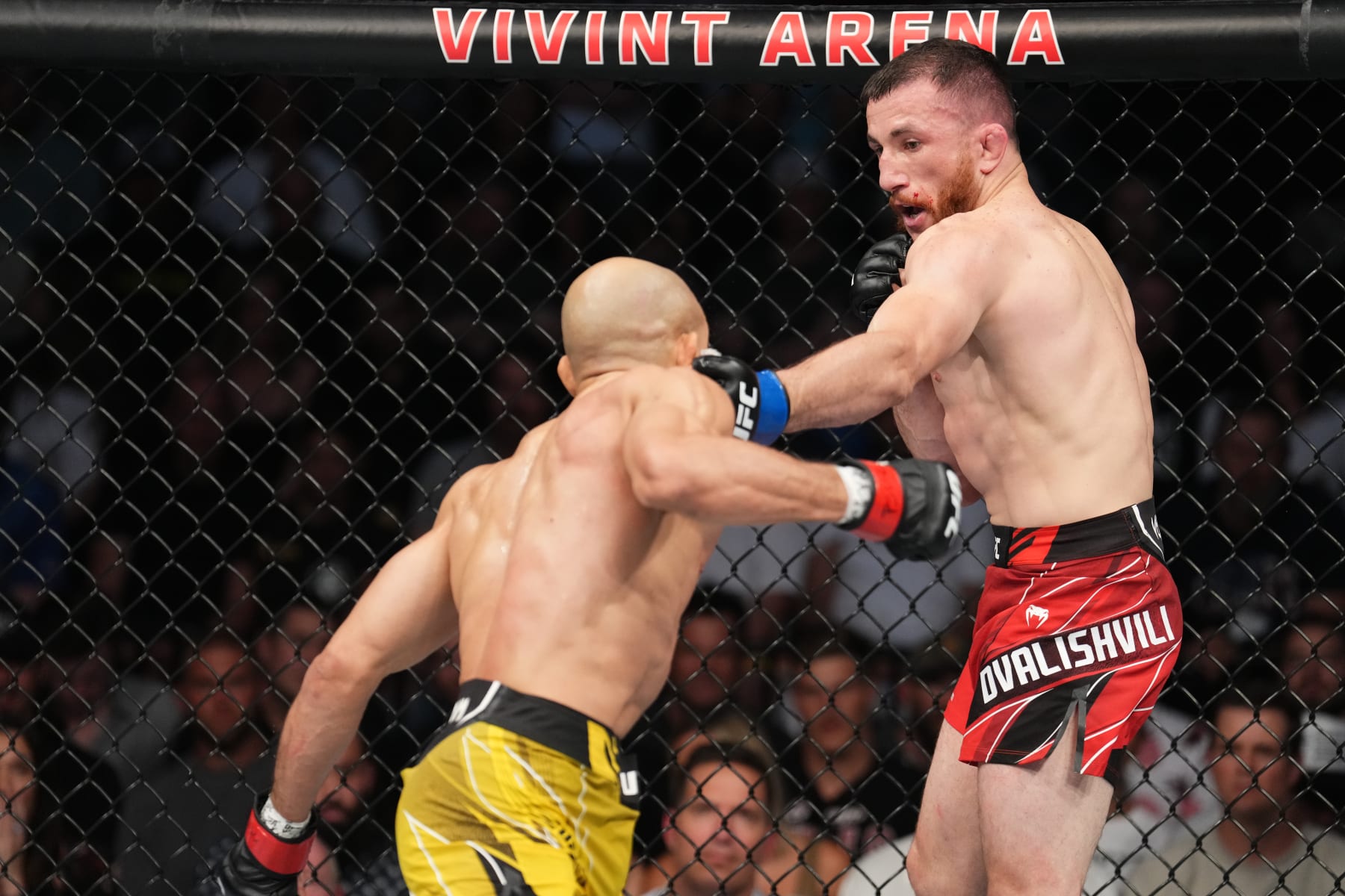 SALT LAKE CITY, UTAH - AUGUST 20: (R-L) Merab Dvalishvili of Georgia punches Jose Aldo of Brazil in a bantamweight fight during the UFC 278 event at Vivint Arena on August 20, 2022 in Salt Lake City, Utah. (Photo by Josh Hedges/Zuffa LLC)