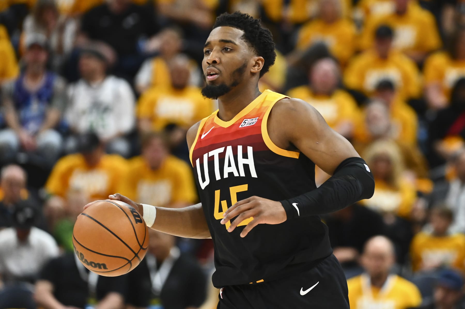 SALT LAKE CITY, UTAH - APRIL 21: Donovan Mitchell #45 of the Utah Jazz in action during the second half of Game Three of the Western Conference First Round Playoffs against the Dallas Mavericks at Vivint Smart Home Arena on April 21, 2022 in Salt Lake City, Utah. NOTE TO USER: User expressly acknowledges and agrees that, by downloading and/or using this Photograph, user is consenting to the terms and conditions of the Getty Images License Agreement. (Photo by Alex Goodlett/Getty Images)