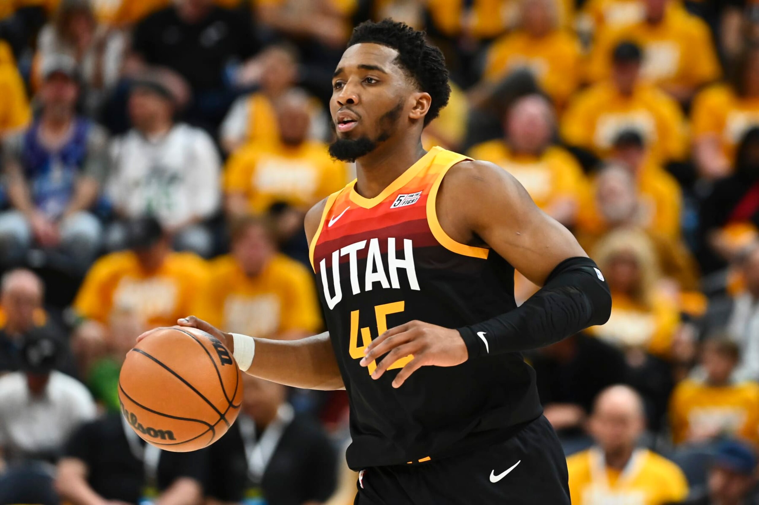 SALT LAKE CITY, UTAH - APRIL 21: Donovan Mitchell #45 of the Utah Jazz in action during the second half of Game Three of the Western Conference First Round Playoffs against the Dallas Mavericks at Vivint Smart Home Arena on April 21, 2022 in Salt Lake City, Utah. NOTE TO USER: User expressly acknowledges and agrees that, by downloading and/or using this Photograph, user is consenting to the terms and conditions of the Getty Images License Agreement. (Photo by Alex Goodlett/Getty Images)