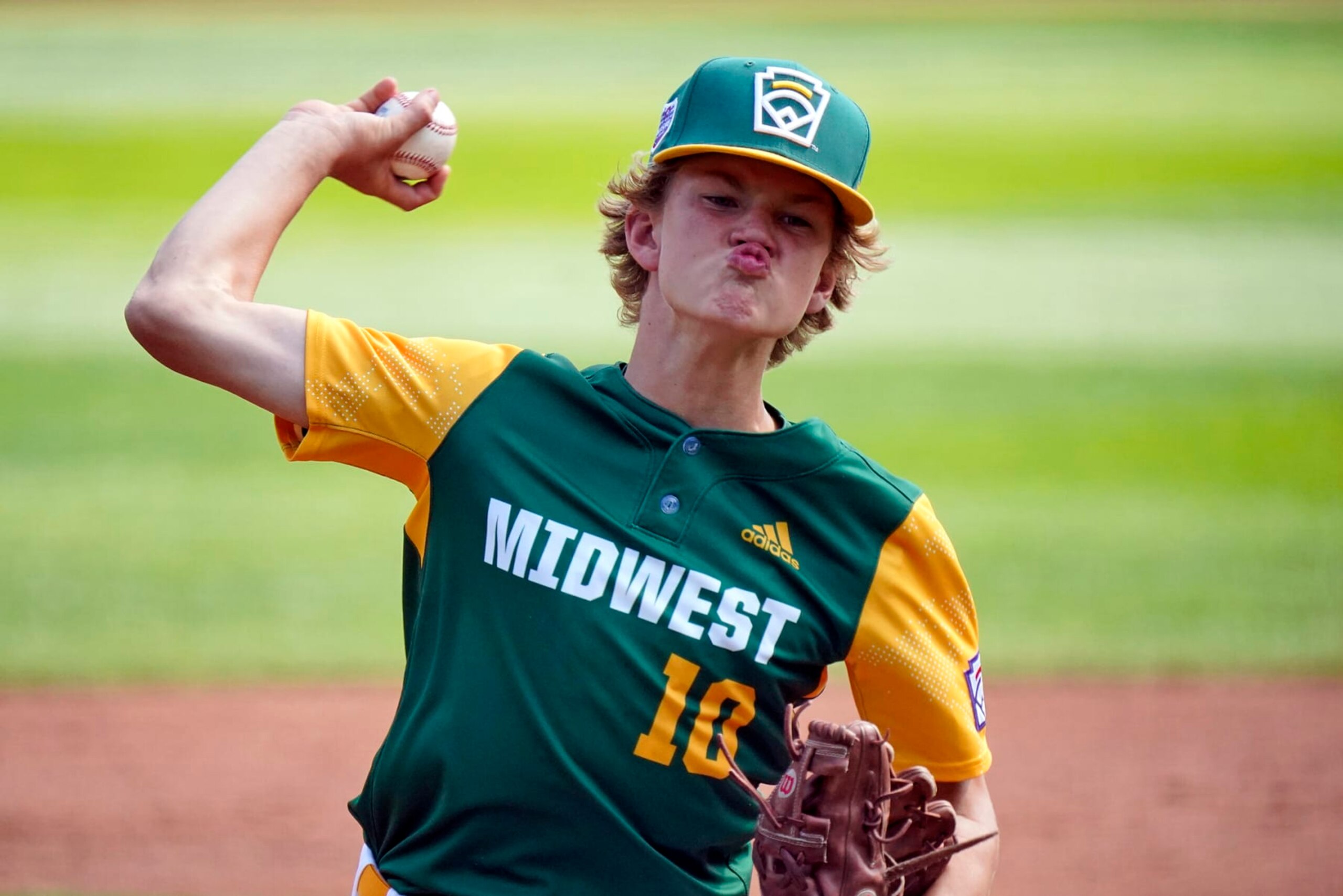 Davenport, Iowa's Mason McFate delivers during the first inning of a baseball game against Bonney Lake Wash., at the Little League World Series in South Williamsport, Pa., Saturday, Aug. 20, 2022. (AP Photo/Gene J. Puskar)