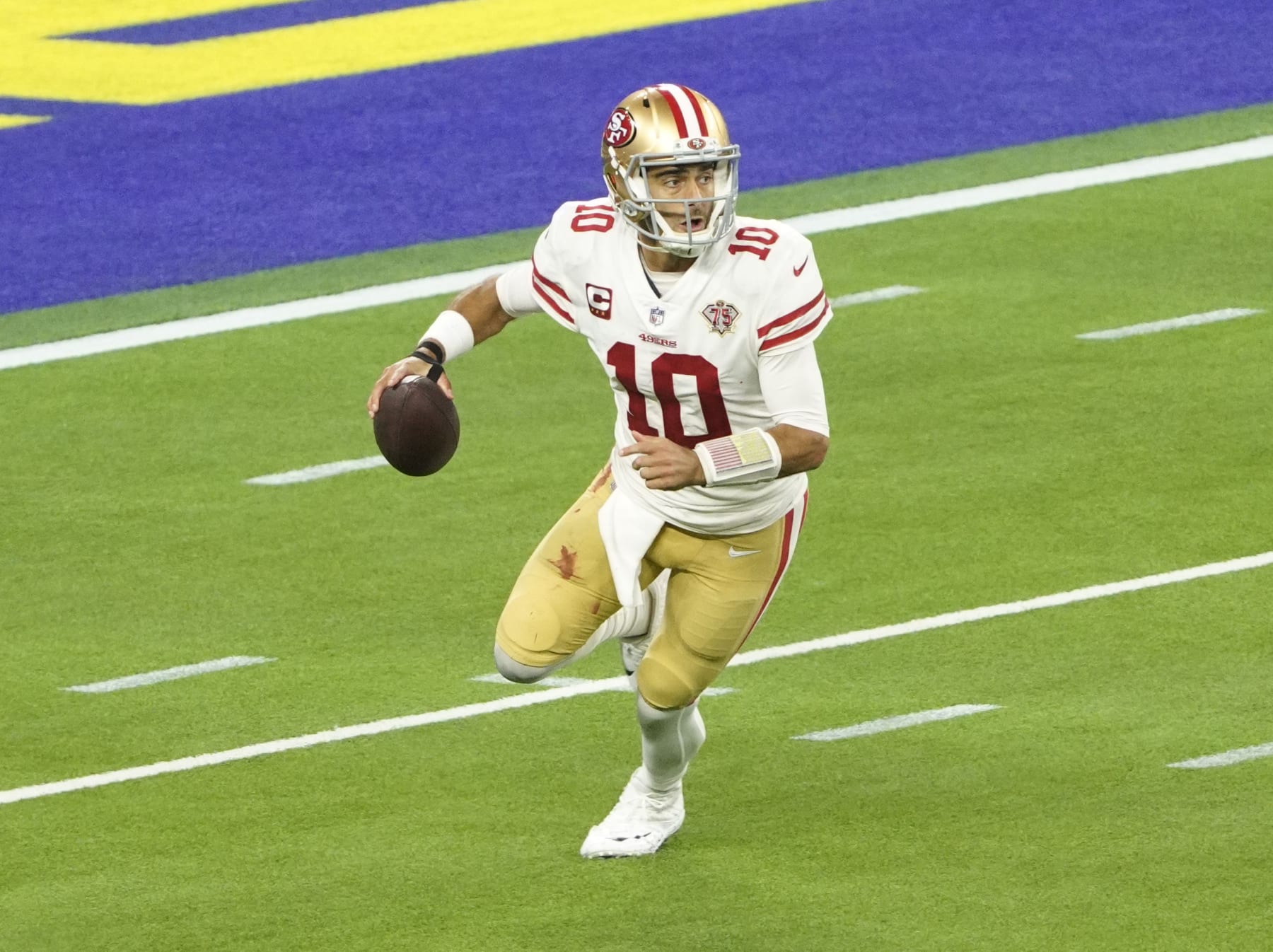 INGLEWOOD, CA - JANUARY 30:  Jimmy Garoppolo #10 of the 49ers during the NFC Conference Championship game between the San Francisco 49ers and the Los Angeles Rams on January 30, 2022, at SoFi Stadium in Inglewood, CA. (Photo by Icon Sportswire)