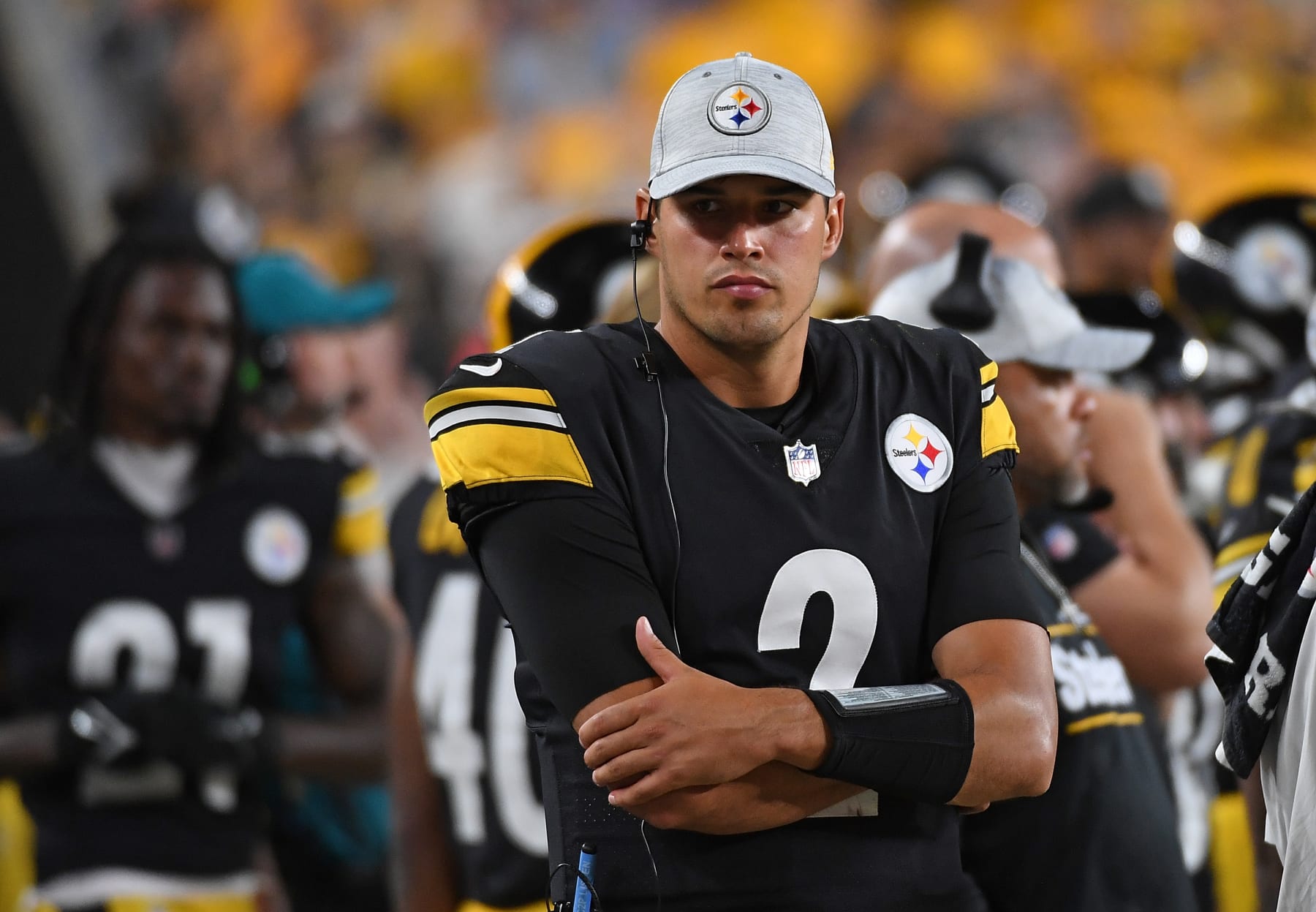 PITTSBURGH, PA - AUGUST 13: Mason Rudolph #2 of the Pittsburgh Steelers looks on from the sidelines during a preseason game against the Seattle Seahawks at Acrisure Stadium on August 13, 2022 in Pittsburgh, Pennsylvania. (Photo by Justin Berl/Getty Images)