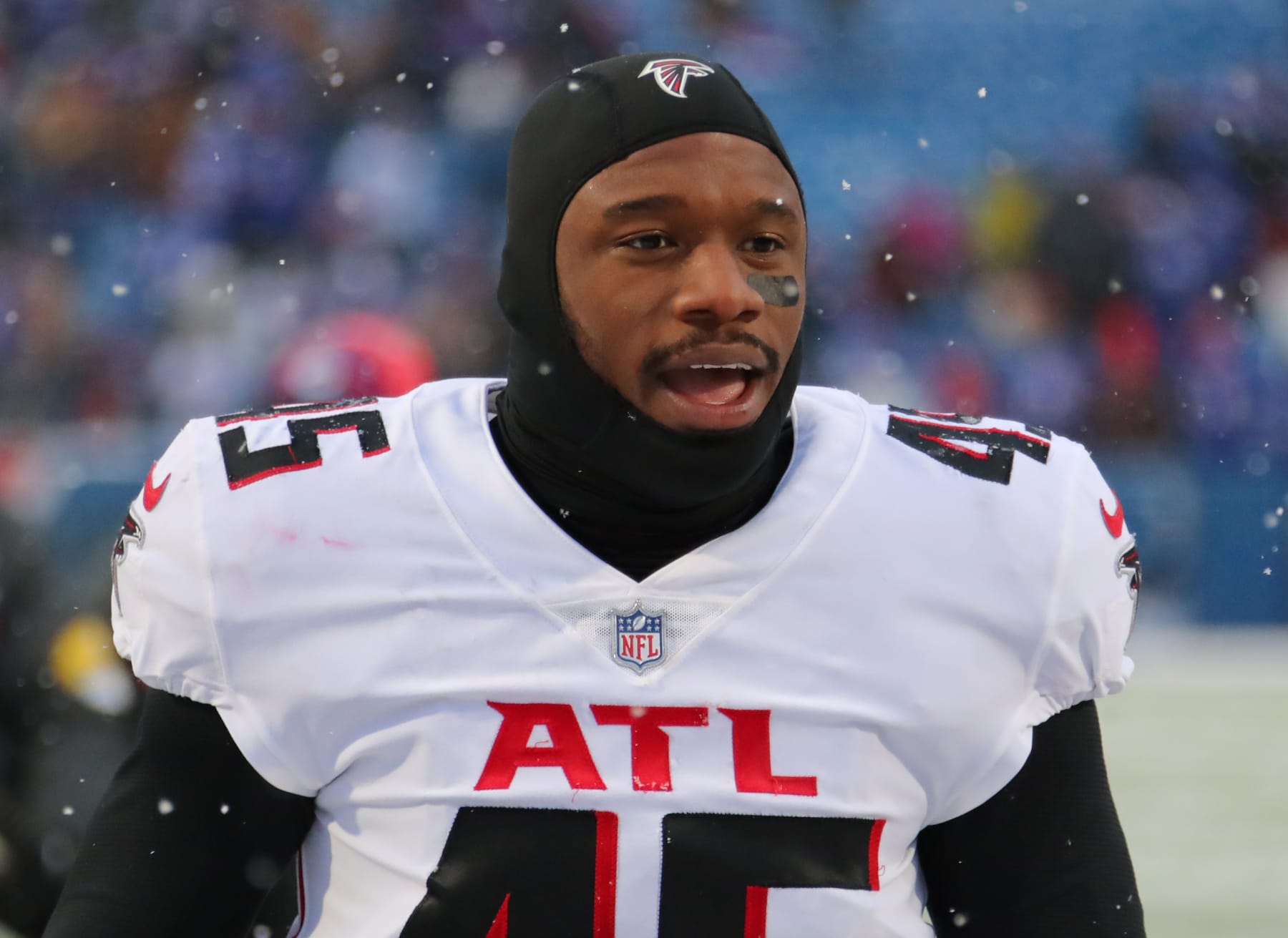 ORCHARD PARK, NY - JANUARY 02: Deion Jones #45 of the Atlanta Falcons after a game against the Buffalo Bills at Highmark Stadium on January 2, 2022 in Orchard Park, New York. (Photo by Timothy T Ludwig/Getty Images)