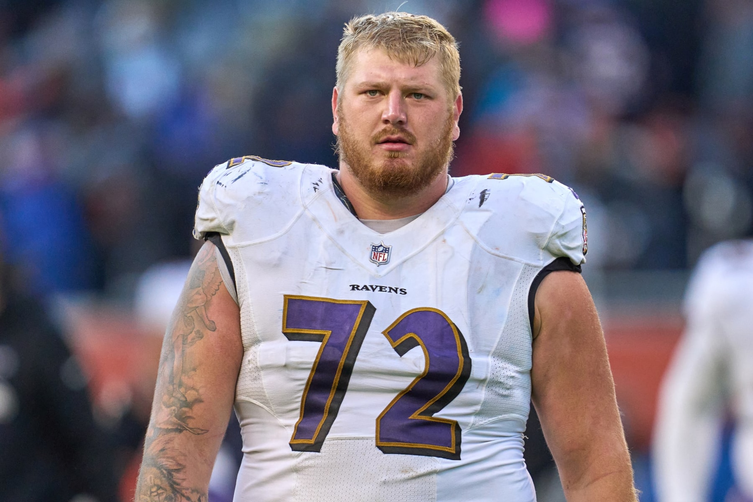 CHICAGO, IL - NOVEMBER 21: Baltimore Ravens guard Ben Powers (72) looks on during a game between the Chicago Bears and the Baltimore Ravens on November 21, 2021 at Soldier Field in Chicago, IL. (Photo by Robin Alam/Icon Sportswire via Getty Images) CHICAGO, IL - NOVEMBER 21: Baltimore Ravens guard Ben Powers (72) looks on during a game between the Chicago Bears and the Baltimore Ravens on November 21, 2021 at Soldier Field in Chicago, IL. (Photo by Robin Alam/Icon Sportswire via Getty Images)