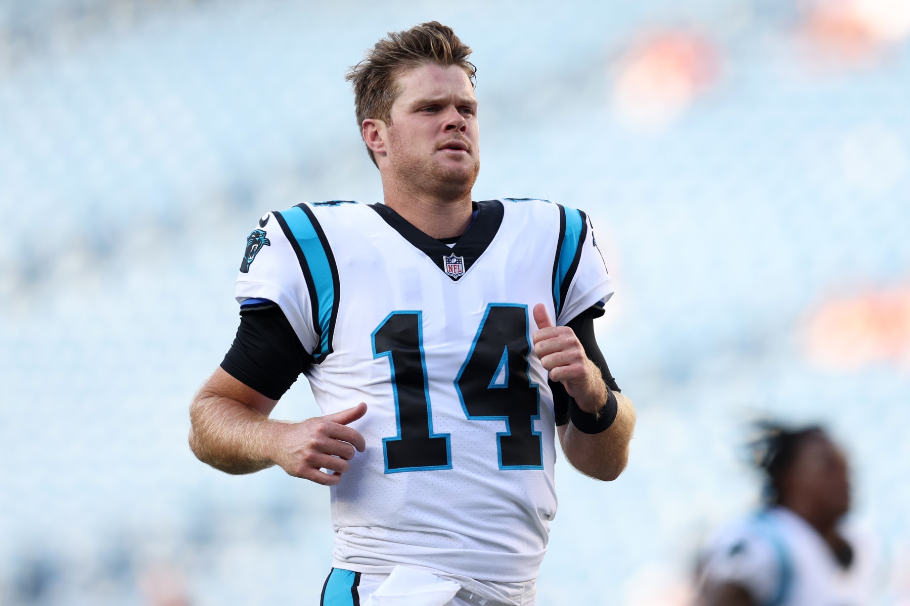 FOXBOROUGH, MASSACHUSETTS - AUGUST 19: Sam Darnold #14 of the Carolina Panthers warms up before the preseason game between the New England Patriots and the Carolina Panthers at Gillette Stadium on August 19, 2022 in Foxborough, Massachusetts. (Photo by Maddie Meyer/Getty Images)
