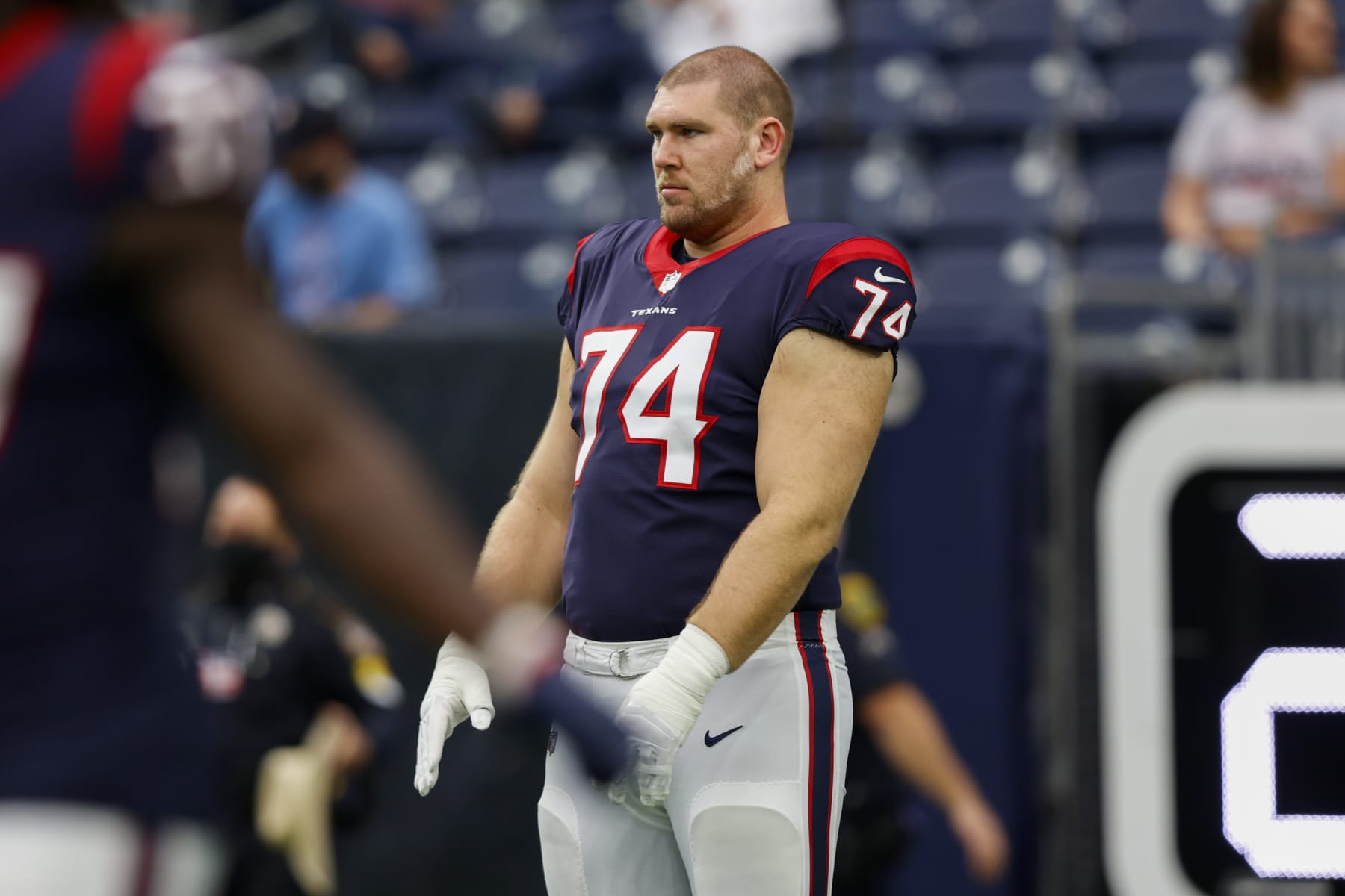 HOUSTON, TX - OCTOBER 31: Houston Texans guard Max Scharping (74) before the game between the Los Angeles Rams and the Houston Texans at NRG Stadium on October 31, 2021 in Houston, Texas. (Photo by Jordon Kelly/Icon Sportswire via Getty Images)