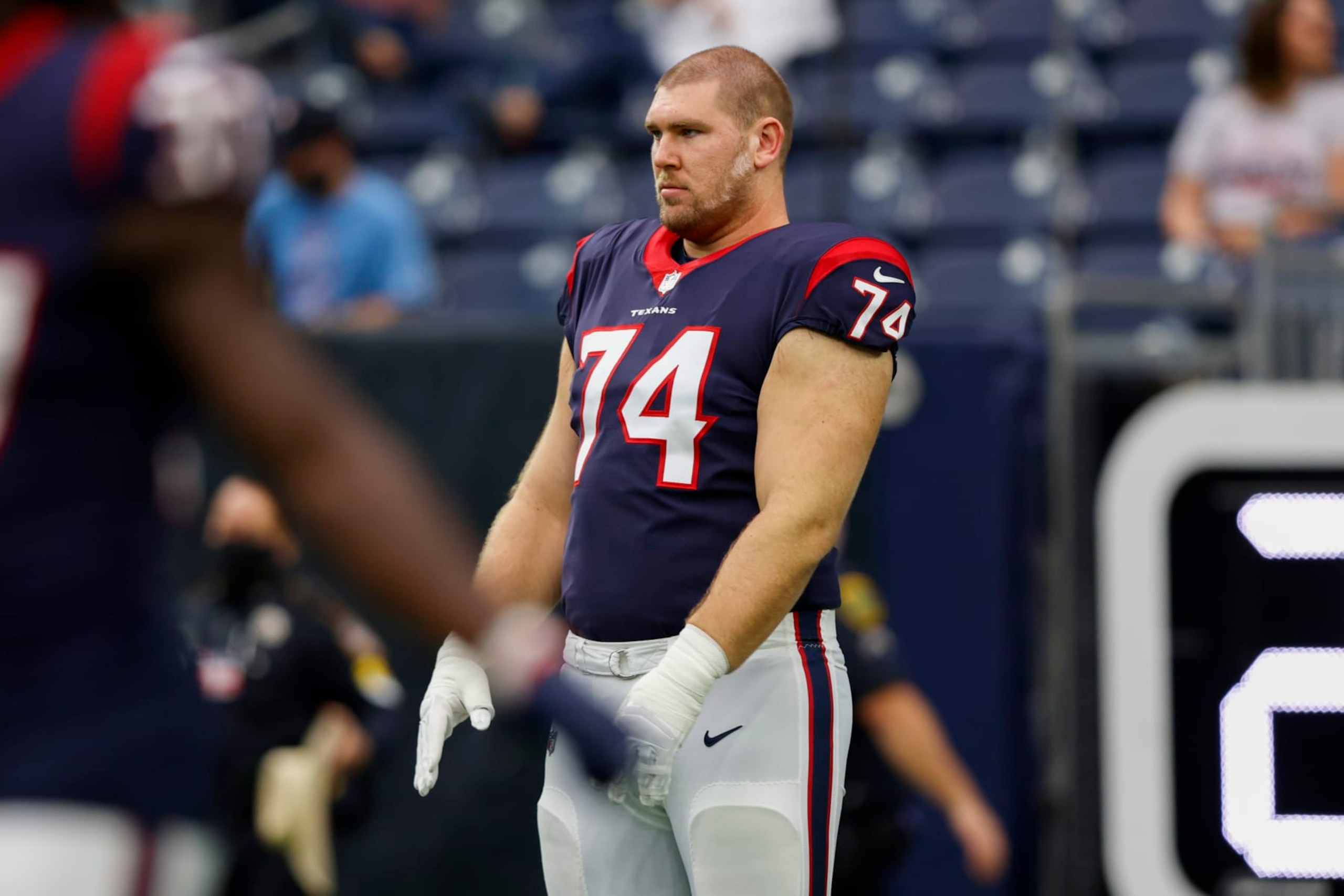 HOUSTON, TX - OCTOBER 31: Houston Texans guard Max Scharping (74) before the game between the Los Angeles Rams and the Houston Texans at NRG Stadium on October 31, 2021 in Houston, Texas. (Photo by Jordon Kelly/Icon Sportswire via Getty Images) HOUSTON, TX - OCTOBER 31: Houston Texans guard Max Scharping (74) before the game between the Los Angeles Rams and the Houston Texans at NRG Stadium on October 31, 2021 in Houston, Texas. (Photo by Jordon Kelly/Icon Sportswire via Getty Images)
